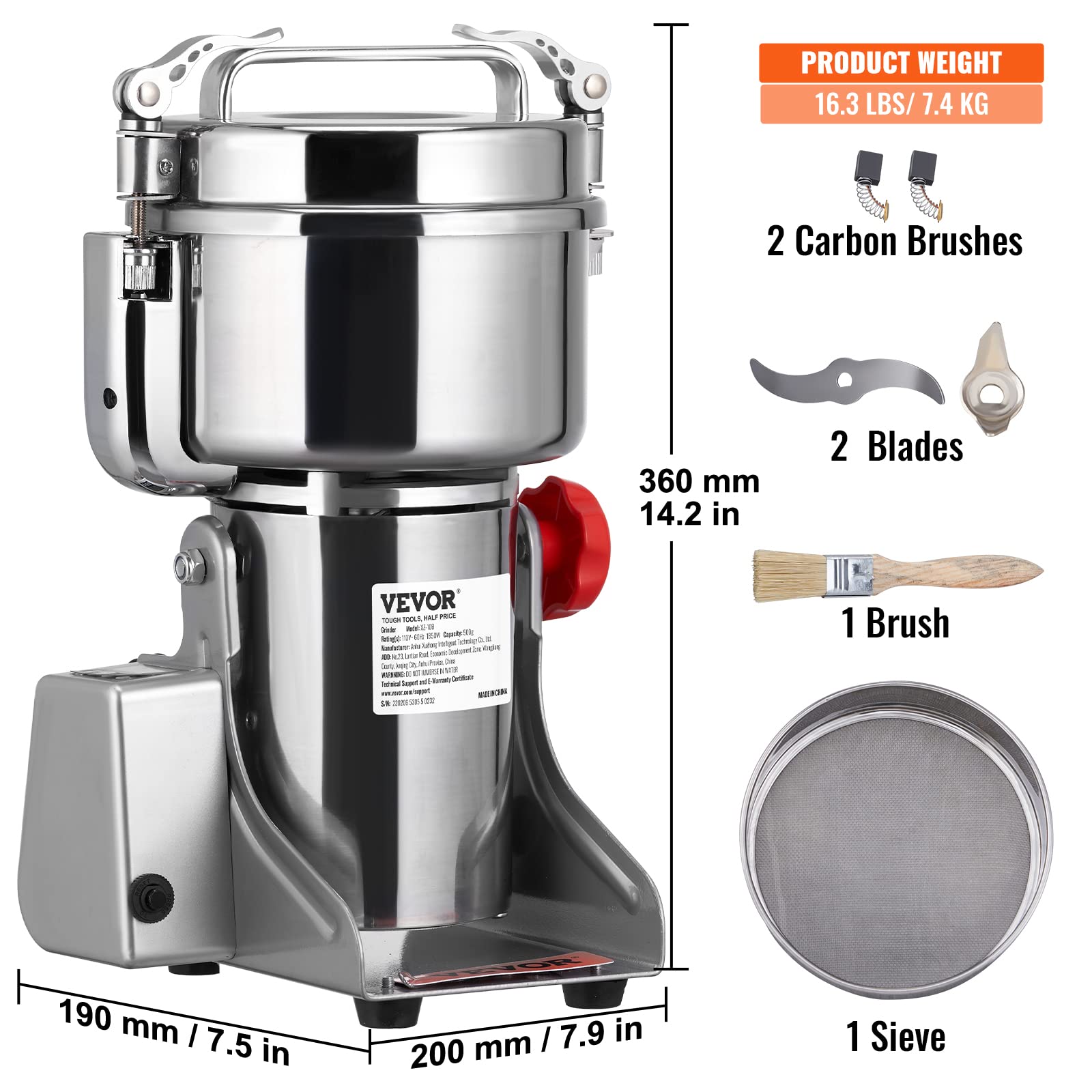 VEVOR 2500g Commercial Electric Grain Grinder - 3750W High-Speed Stainless Steel Mill for Coffee, Corn, Pepper & Dry Grains - Perfect for Bakeries, Restaurants & Home Kitchens