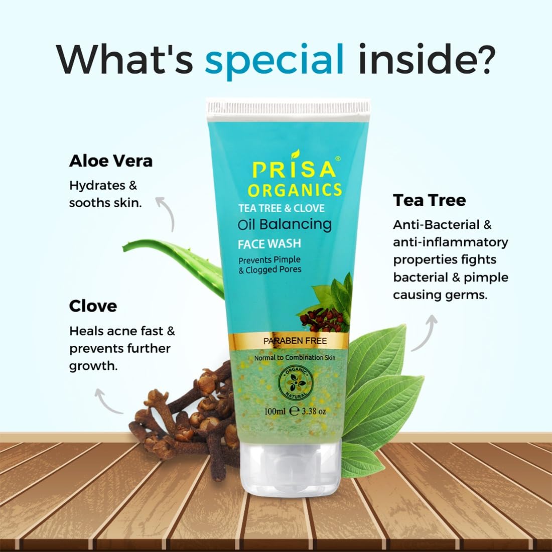Prisa Organics Tea Tree & Clove Oil Balancing Face Wash for Oily & Sensitive Skin - 100ml | Anti-Bacterial Acne Treatment | Reduces Excess Oil & Prevents Breakouts | Gentle Daily Cleanser for Men & Women | Perfect for Morning & Night Skincare Routine