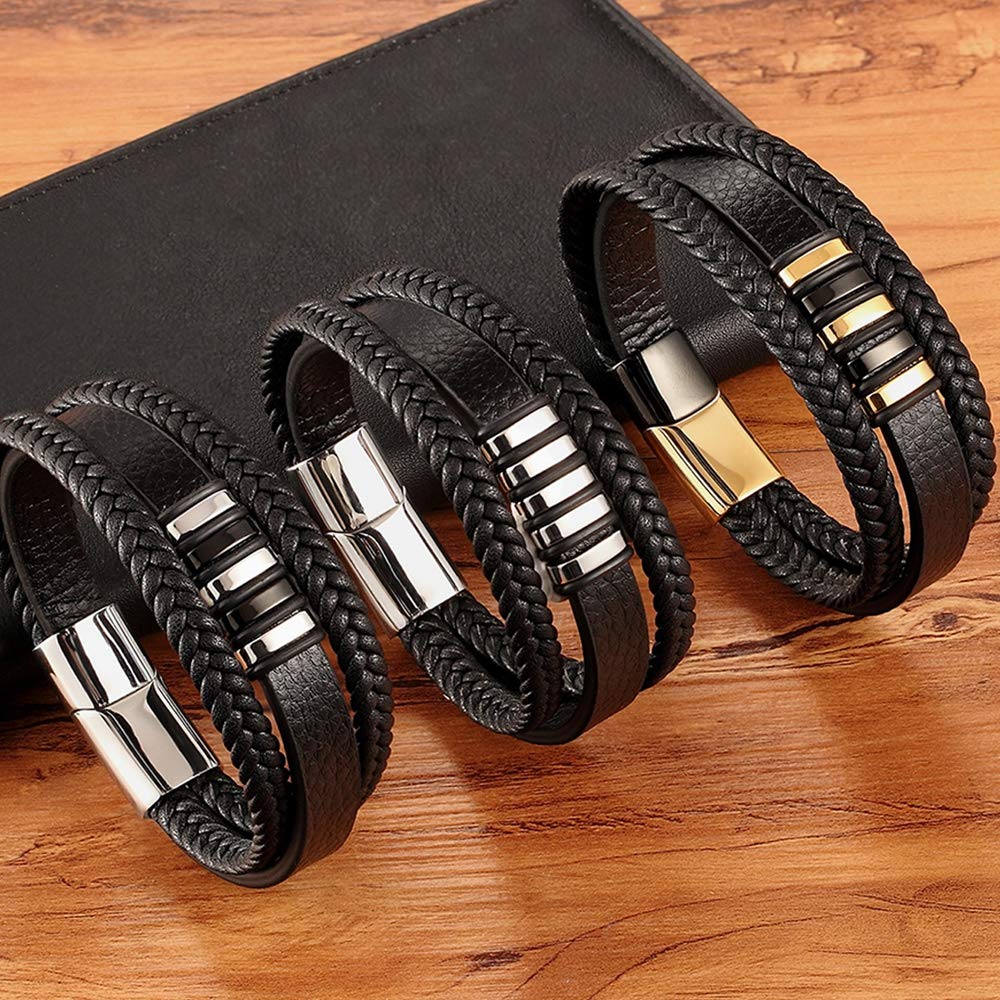 Stylish Multi-Layer Braided Leather Bracelet for Men with Magnetic Clasp - Infinity Black Italian Genuine Leather Cuff Bangle (8.3
