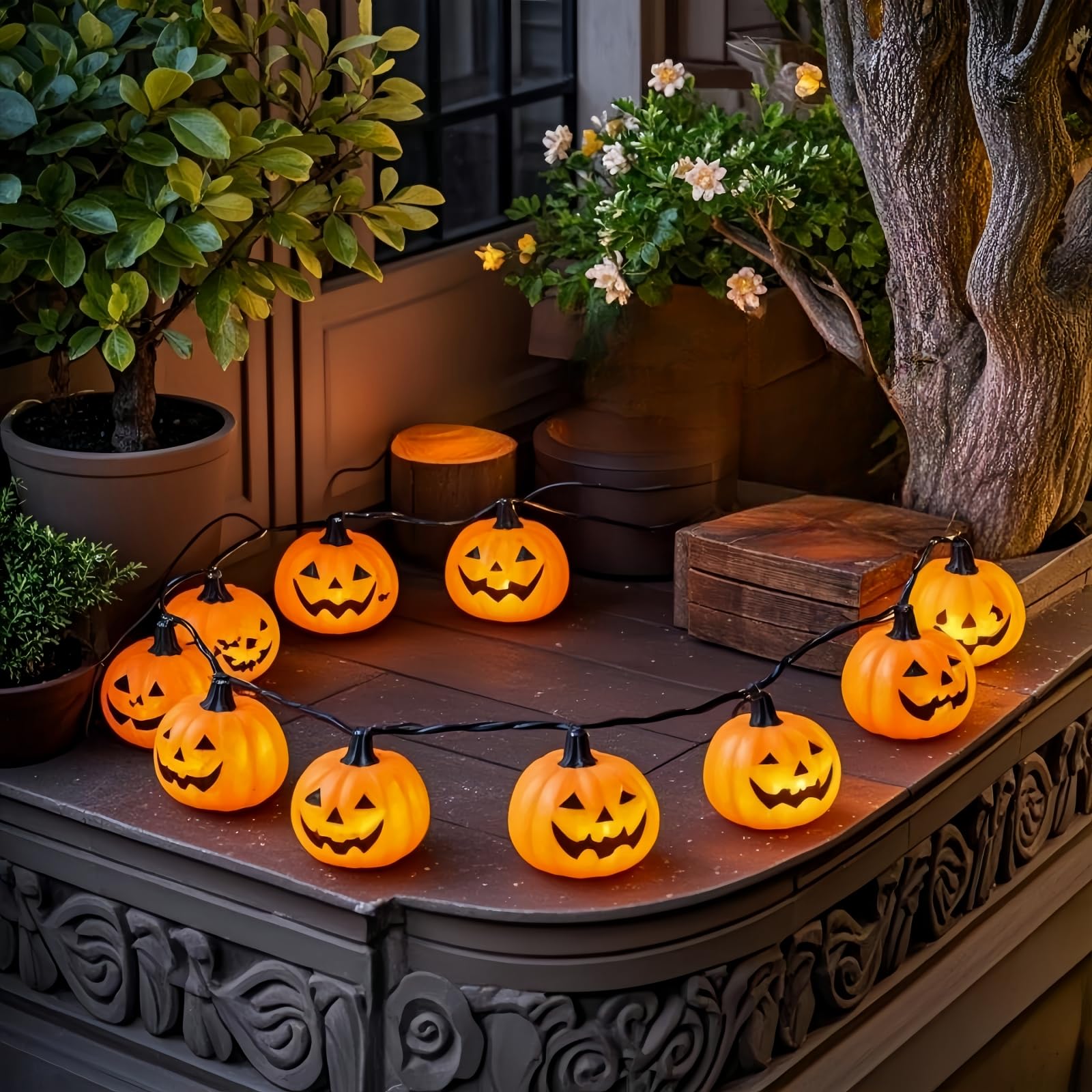 LUCKY SHINE Halloween Ghost Face Pumpkin String Lights - 10 LED Lights with 9FT Black Wire for Indoor Outdoor Decor | Perfect for Party, Garden, Porch & Home Decoration