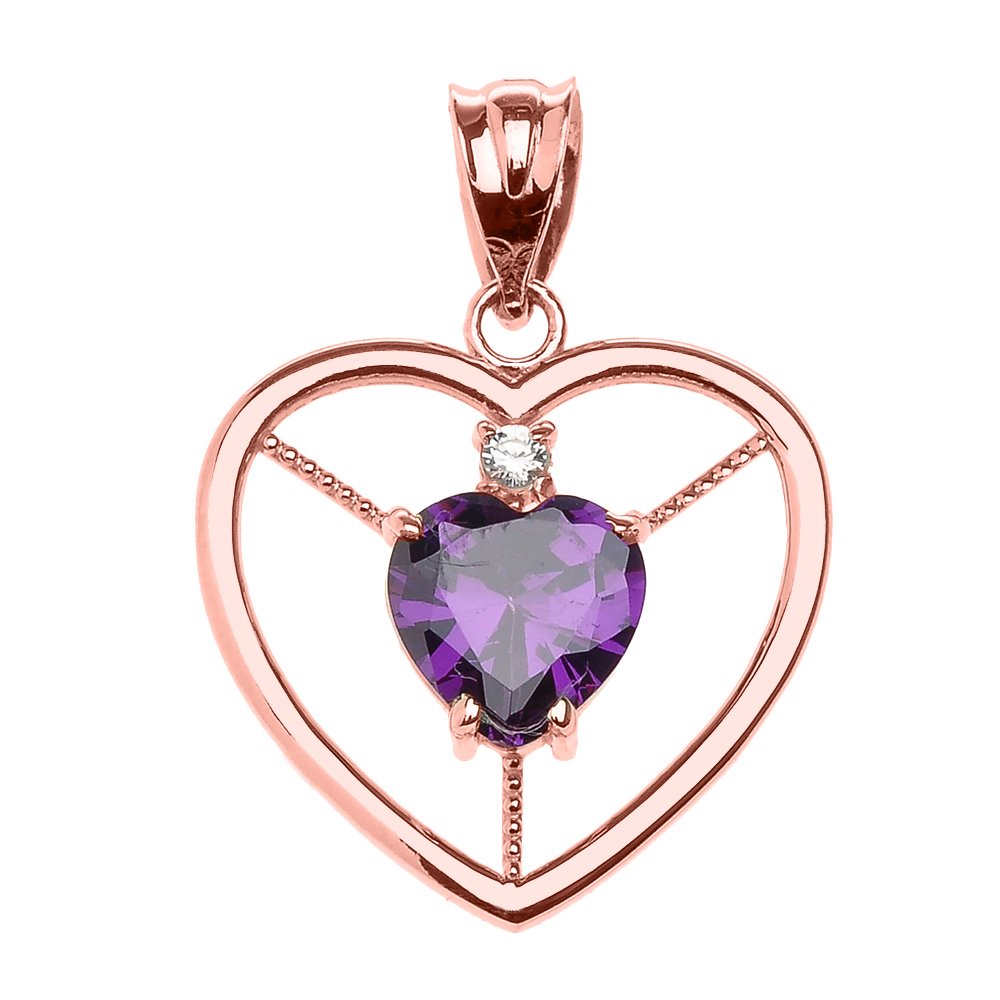 10K Rose Gold Heart Pendant with Genuine Amethyst & Diamond - February Birthstone Necklace for Women, Valentine's Day Gift, Anniversary Jewelry, Everyday Elegant Wear