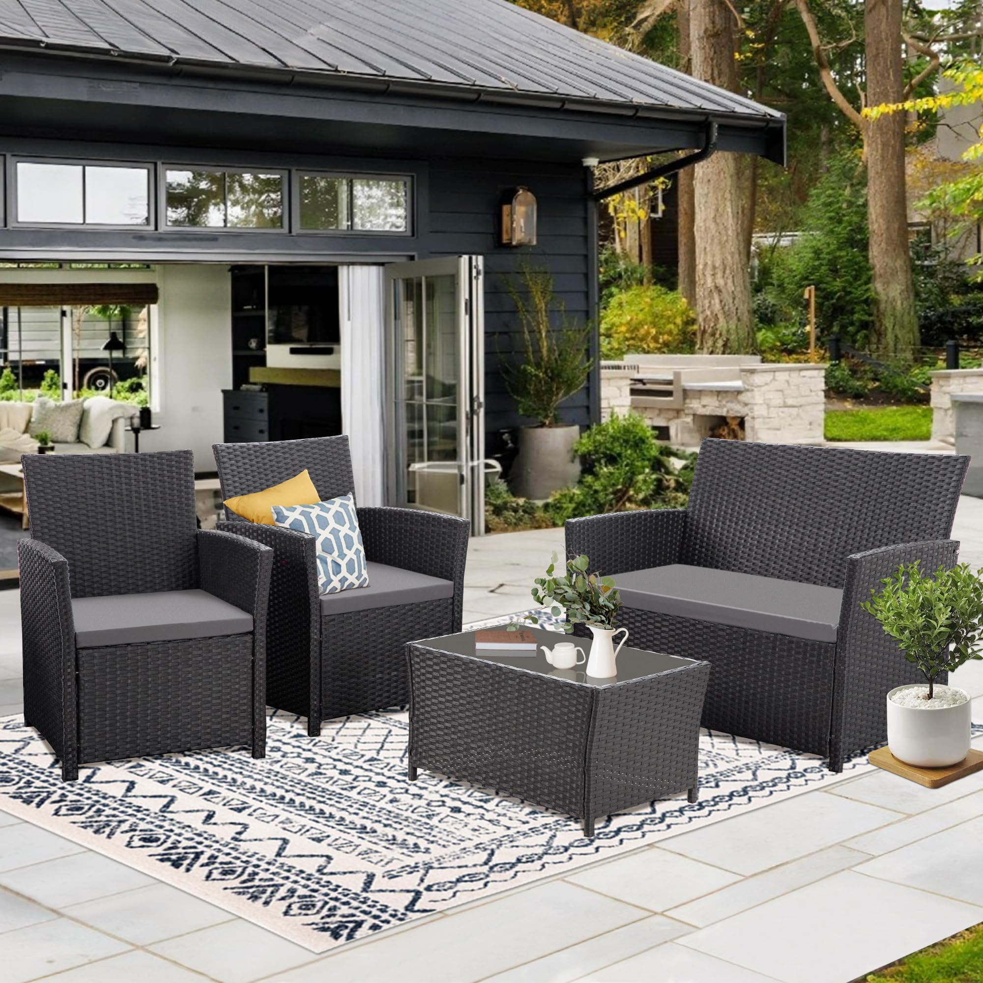4-Piece Patio Furniture Set - Indoor/Outdoor Rattan Sectional Sofa with Gray Cushions, Black Wicker Conversation Set for Garden, Balcony, Backyard, Porch & Lawn - Perfect for Outdoor Entertaining & Relaxation