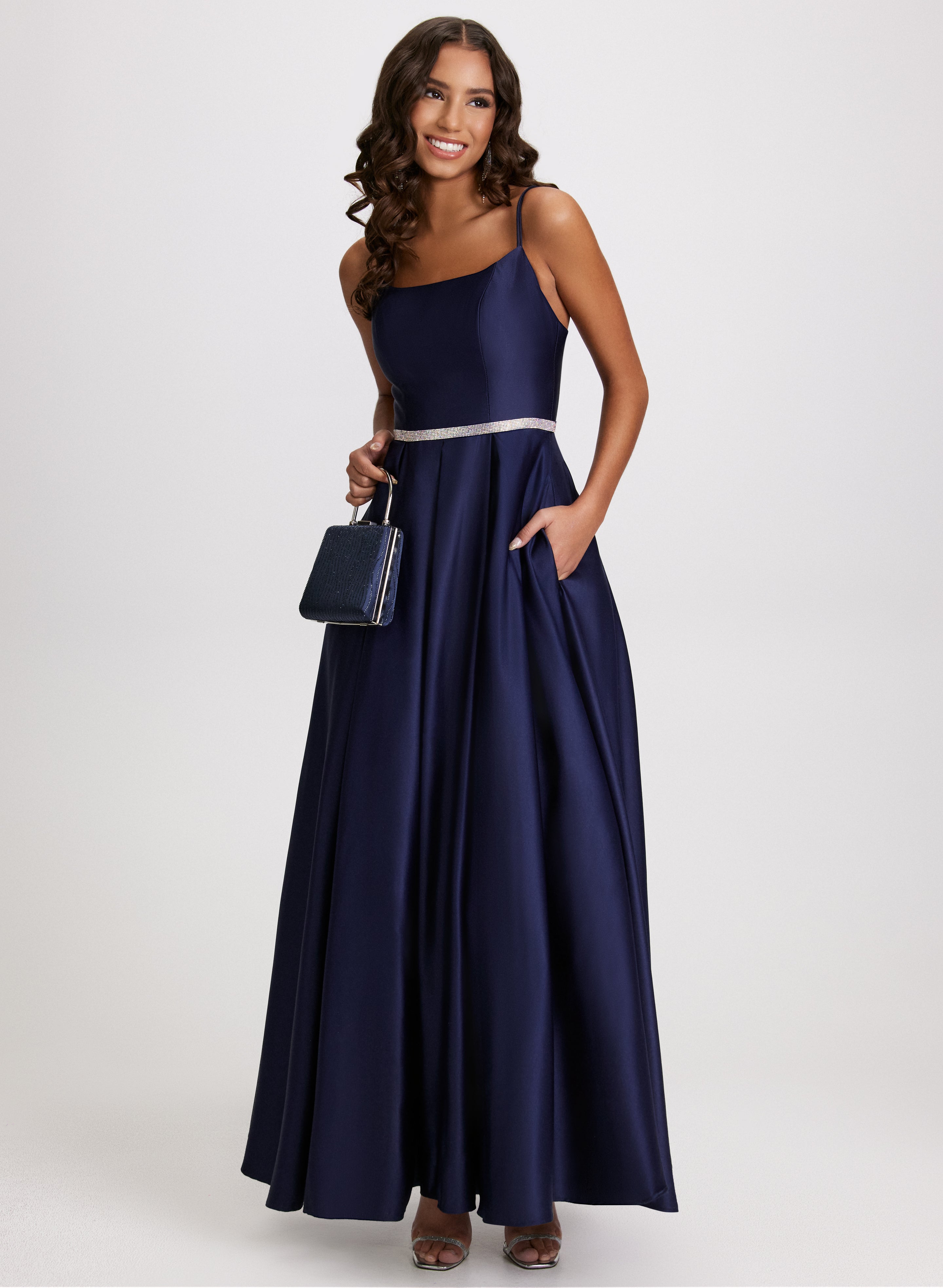 Elegant Crystal Detail Satin Gown - Women's Formal Evening Dress for Prom, Wedding & Special Occasions