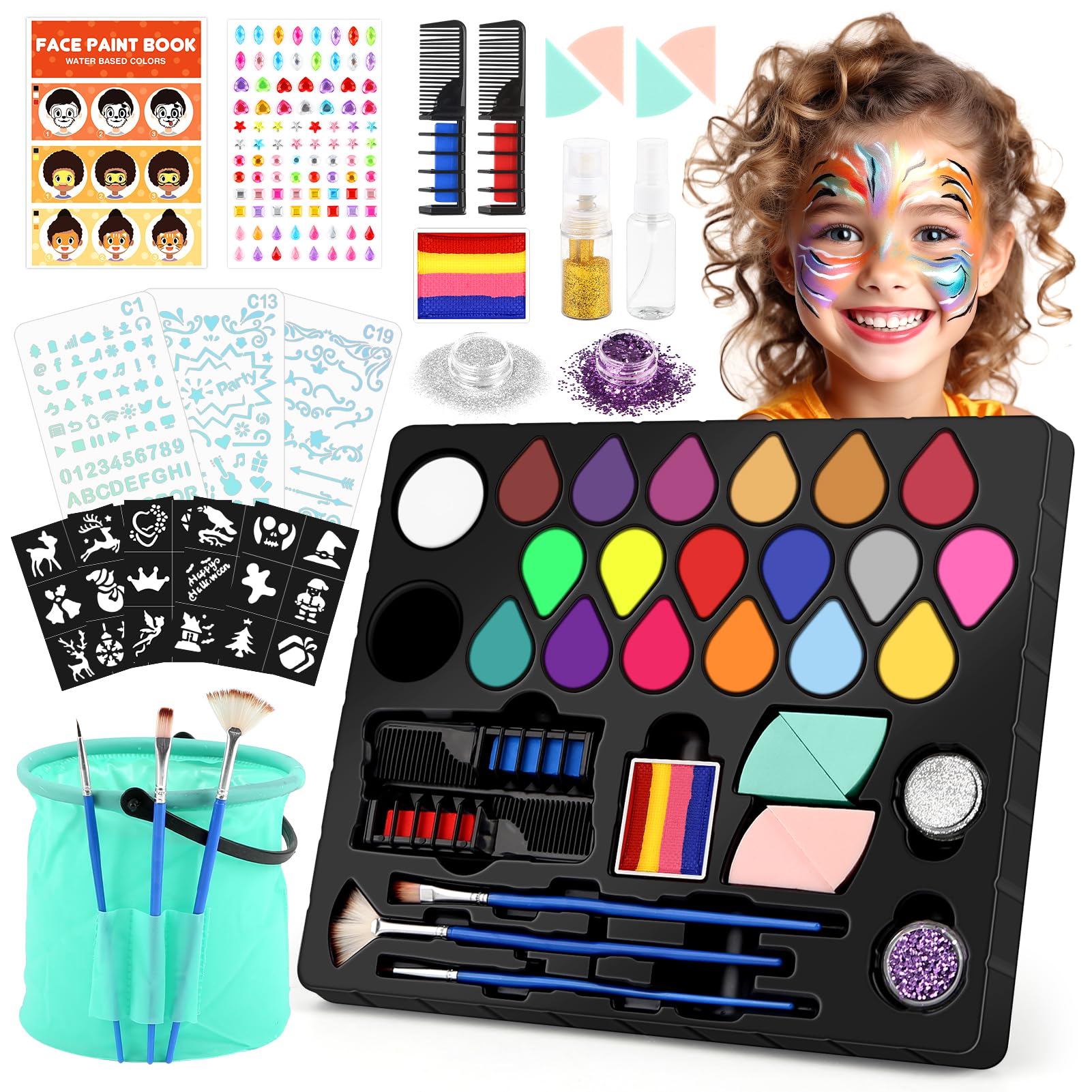 Dreamon Kids Face Paint Kit - 15 Colors, 6 Stickers & 3 Stencils for Halloween & Carnival Makeup