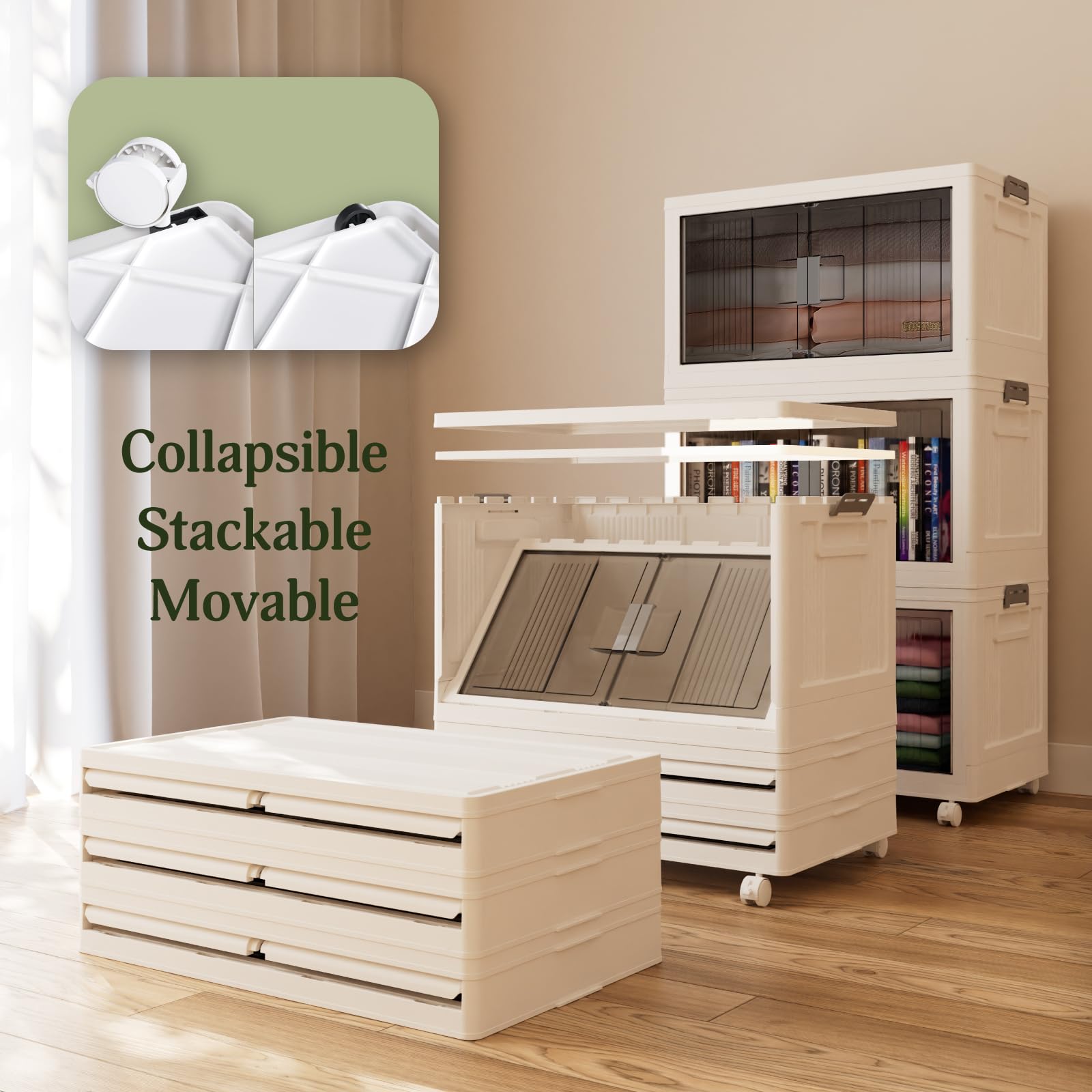 OlarHike 76QT Foldable Storage Bins with Lids & Wheels - Collapsible Plastic Storage Box with Doors, Stackable Organizer for Closet, Home, Garage (3-Pack) - Perfect for Seasonal Clothes, Toys & Household Organization