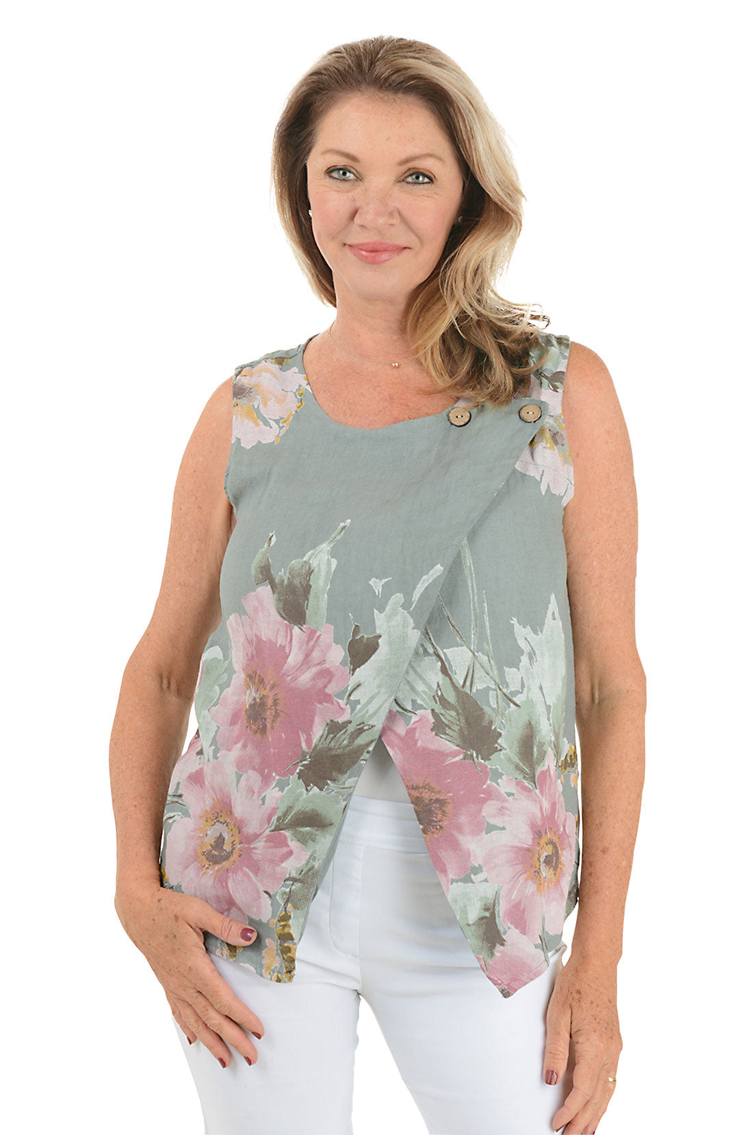 Grey Floral Sleeveless Linen Blouse for Women - Summer Casual Top for Beach, Office & Date Night
