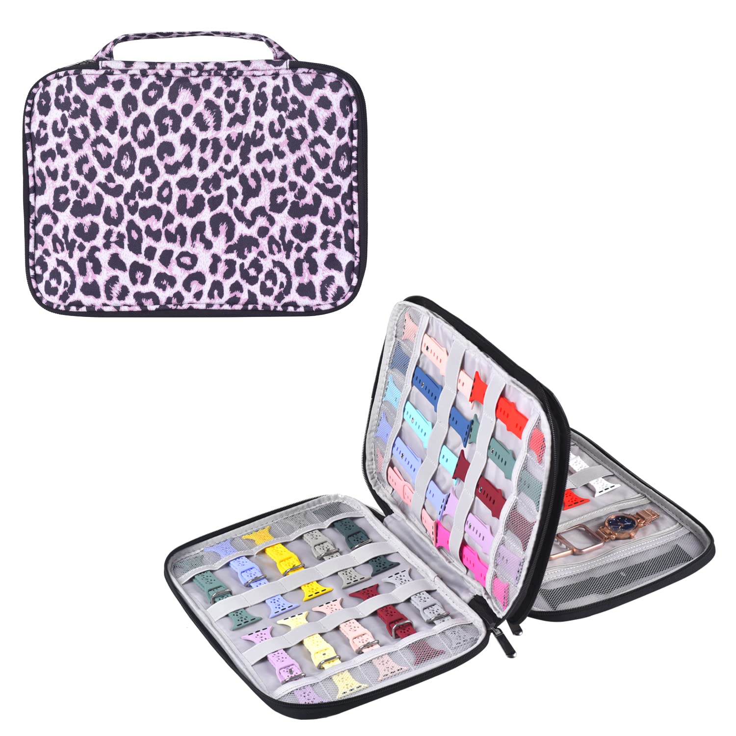 **Pink Leopard Watch Band Storage Case & Organizer – Holds 35 Watch Straps & Accessories – Durable Travel Carrying Case for Apple Watch, Samsung, Fitbit & More – Perfect for Travel, Gym & Home Storage**