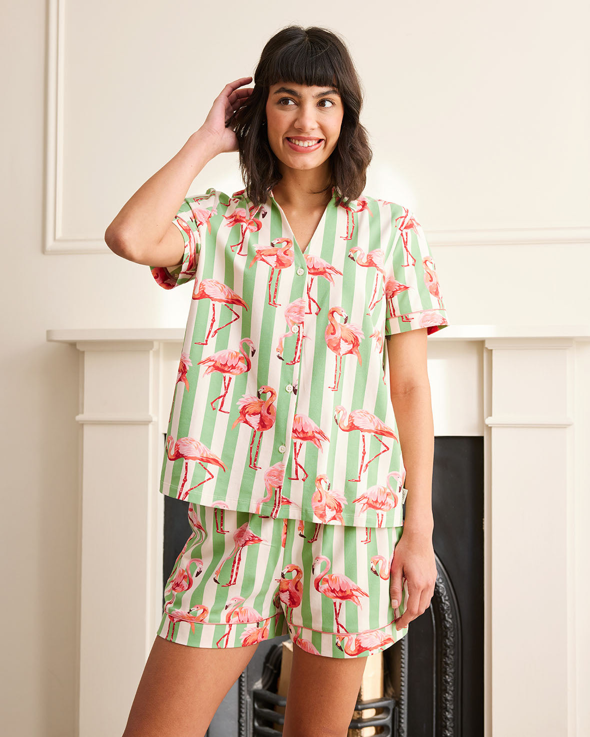Organic Cotton Flamingo Stripe Short Pajama Set for Women - Soft & Breathable Summer Sleepwear - Perfect for Lounging, Vacation & Hot Weather Nights