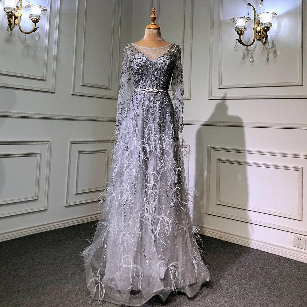 Elegant Grey Mermaid Evening Dress with Long Sleeves & Feather Beading - Luxury Women's Gown for Parties, Prom, Weddings & Formal Events - Serene Hill Collection 2025 LA70968