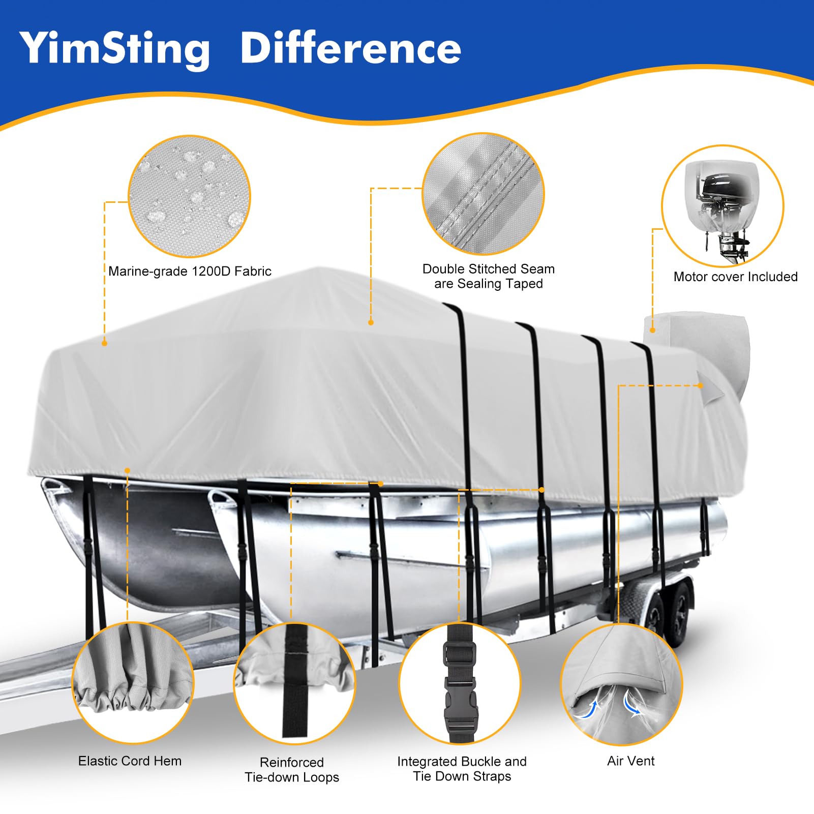 **1200D Heavy Duty Waterproof Pontoon Boat Cover with Support Pole - Fits 25-28ft Boats, Trailerable, Includes Motor Cover (Gray) - Perfect for Mooring, Storage & Outdoor Protection**