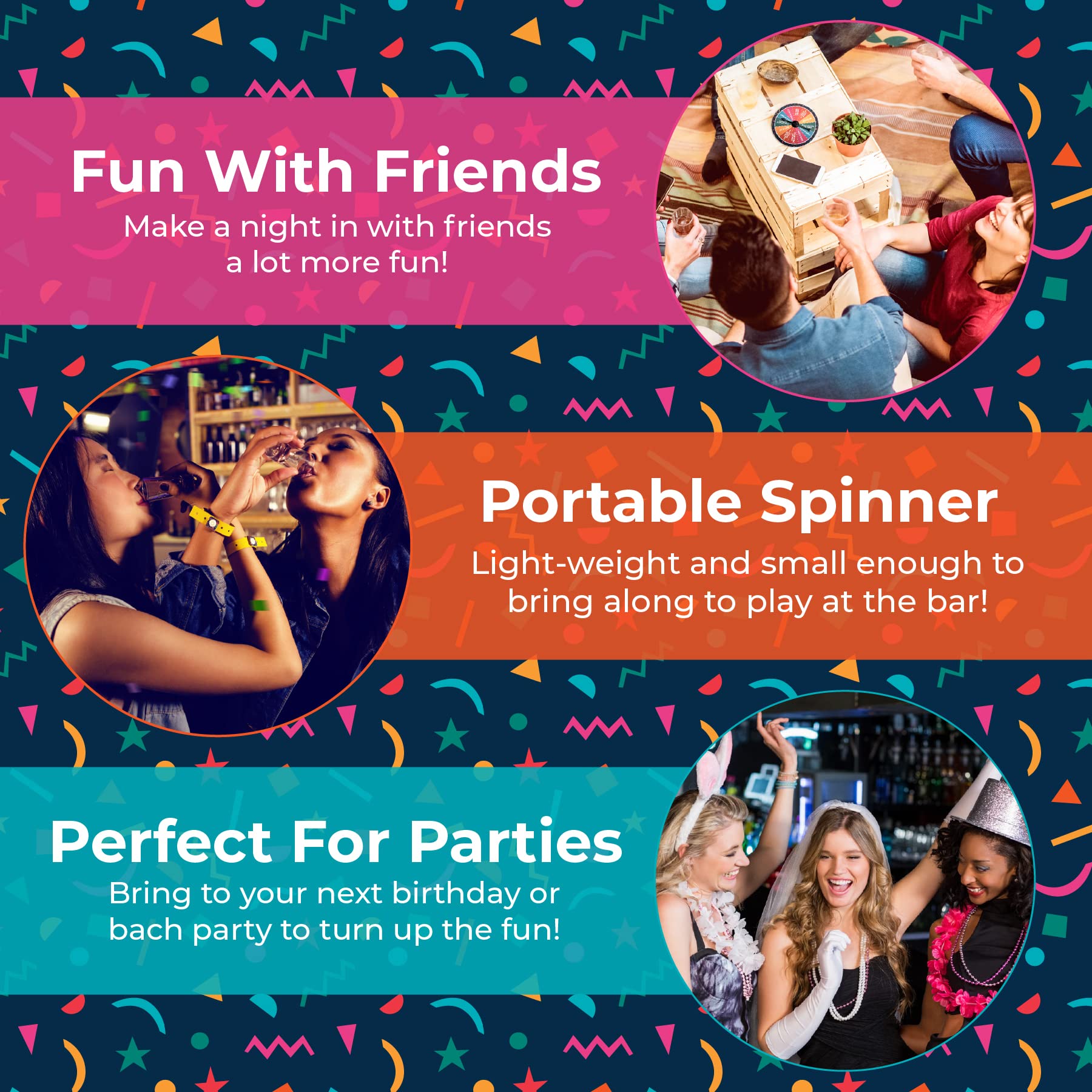 TMD Retail Bottoms Up Drinking Game Set for Adults & Family - 4 Shot Glasses (1.5 Oz) with Spinner Wheel - Fun Party Games for Birthdays, Bachelorette Parties & Game Nights