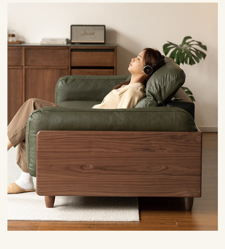 Premium Black Walnut Solid Wood Leather Sofa - Italian Modern Luxury Living Room Furniture for Home & Office Decor