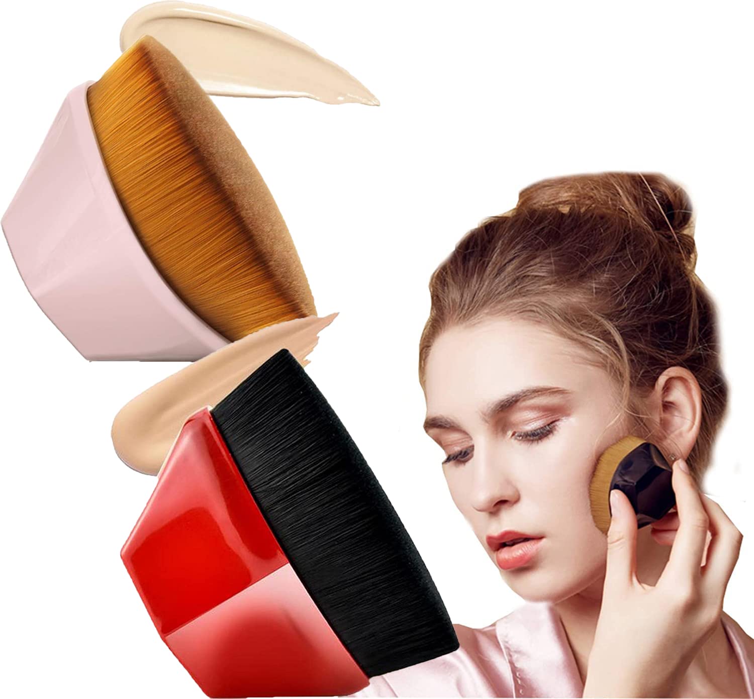DFBIU Flat Top Kabuki Makeup Brush Set - 4 Pack Foundation Brush with Cap (Pink & Red) for Liquid, Cream & Powder Makeup Application - Perfect for Professional Makeup Artists & Home Use