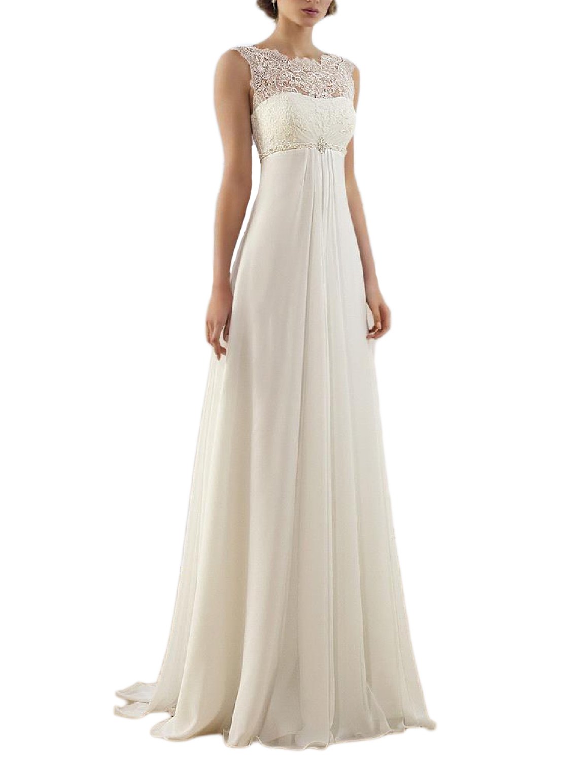 Ivory Lace Chiffon A-Line Wedding Dress for Bride - Sleeveless Empire Waist Bridal Gown - Perfect for Beach, Garden & Outdoor Ceremonies