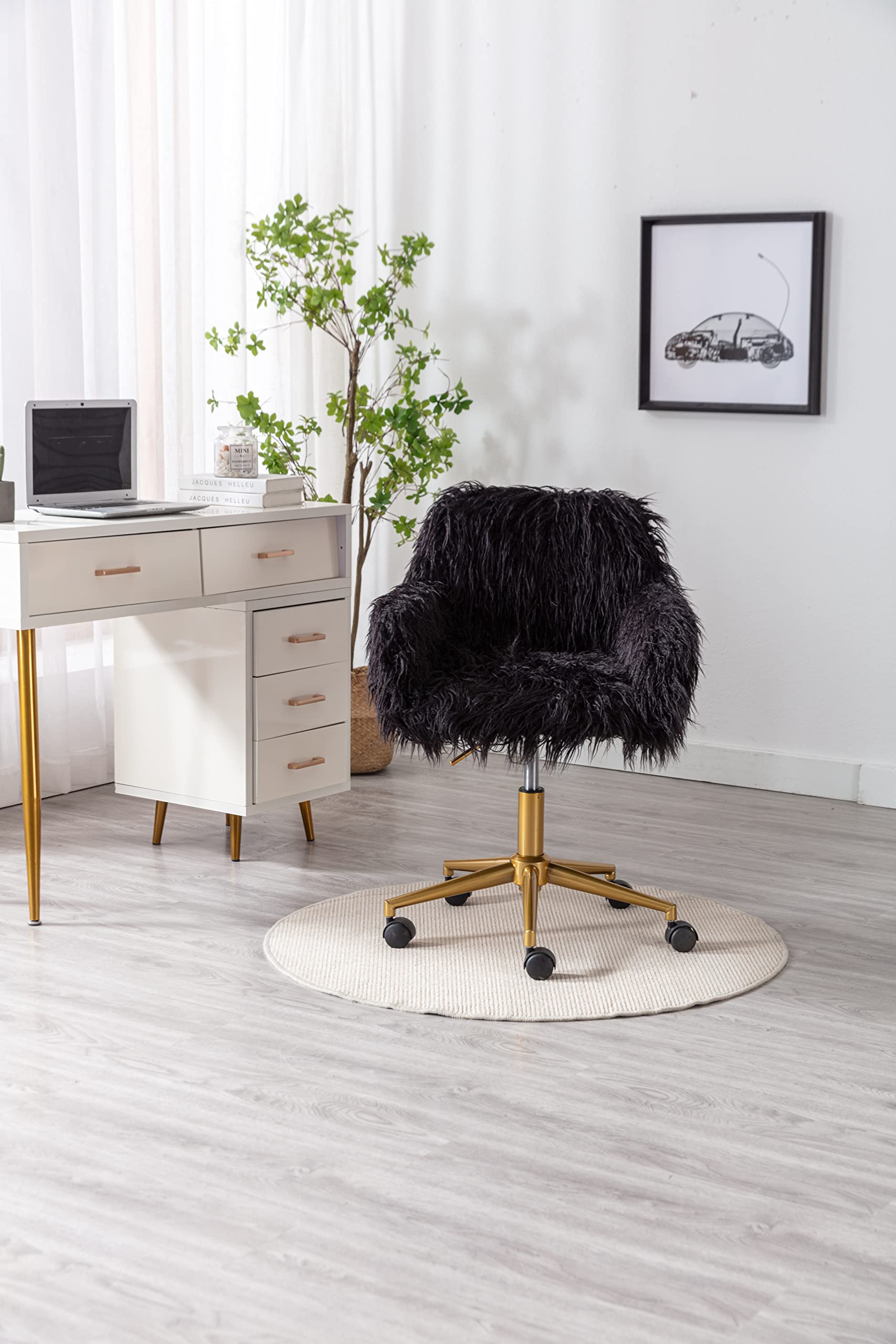 Fluffy Faux Fur Desk Chair - Adjustable Swivel Computer Chair with Wheels, Height Adjustable Pink Vanity Chair for Makeup Room, Teen Girls Bedroom & Home Office - Perfect for Gaming, Studying & Working (Black)