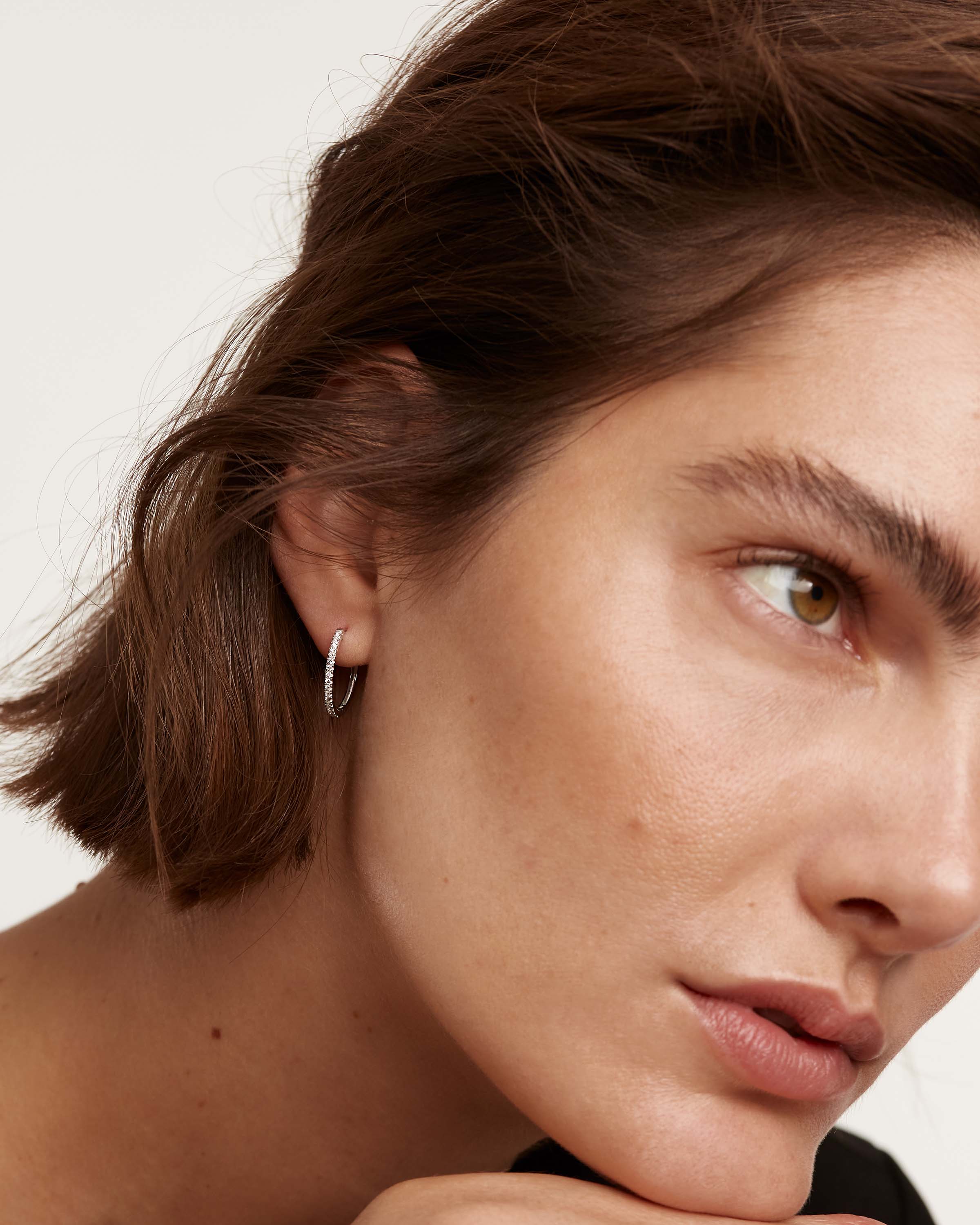 Diamond and White Gold Eternity Hoop Earrings for Women - Medium Size 14K Solid Gold Huggie Hoops - Perfect for Weddings, Anniversaries & Special Occasions