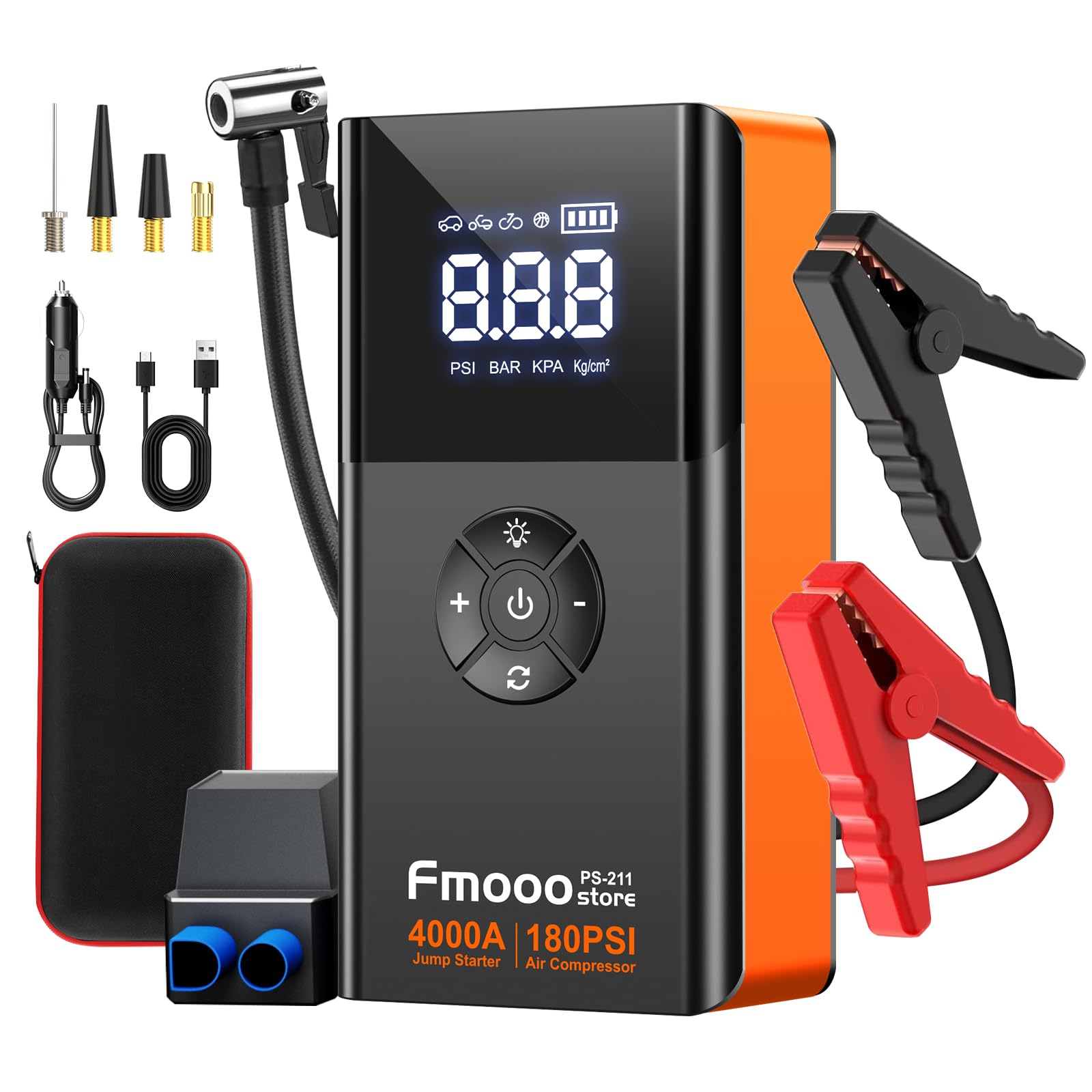 4000A 180PSI Portable Car Jump Starter with Air Compressor - 12V Battery Booster for 10L Gas/8L Diesel Engines - Emergency Car Battery Charger with LCD Display & LED Lights (Orange) - Perfect for Roadside Emergencies, Camping Trips & Winter Car Maintenance