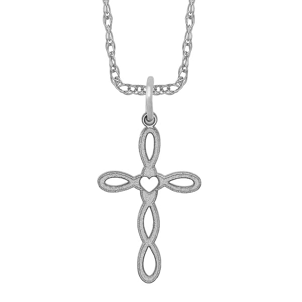 14K Solid White Gold Heart & Cross Pendant Necklace - Religious Jewelry for Women - Perfect for Baptism, First Communion & Daily Wear