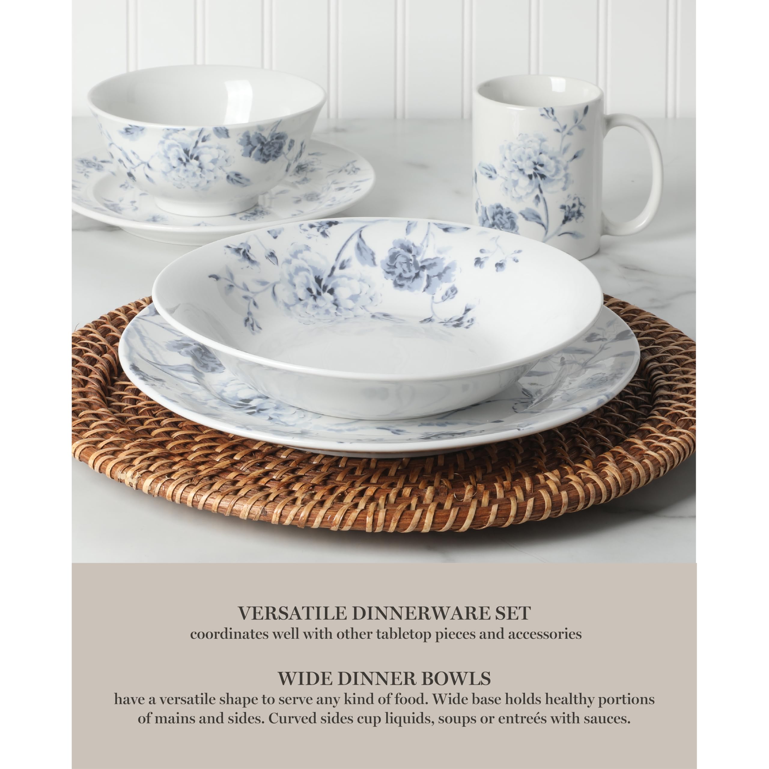 Martha Stewart Empress Bouquet Blue Floral Porcelain Dinnerware Set - 30-Piece Plates & Bowls for 6, Elegant Table Setting for Weddings, Holidays & Formal Dining