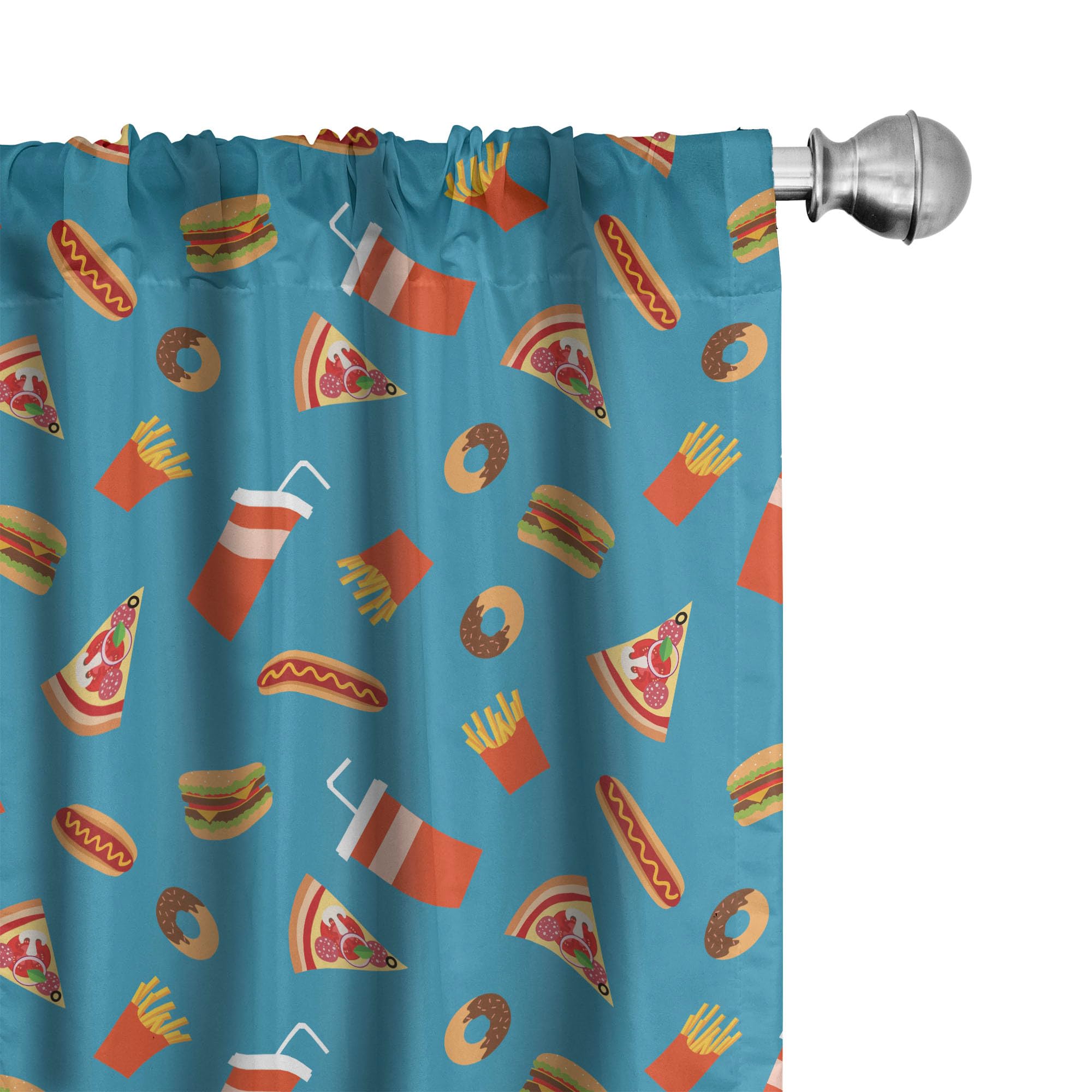 Ambesonne Food Themed Curtains - 2 Panel Set with Donut, Hot Dog, Hamburger, Pizza & Soda Doodle Print - 28