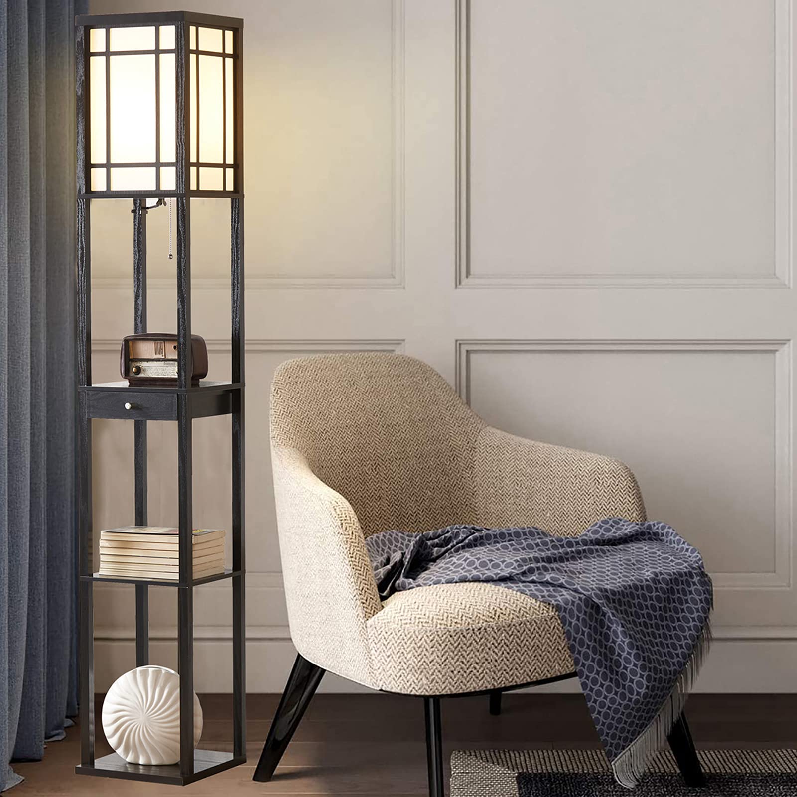 Modern Floor Lamp with Shelves & Drawer - LED Bulb Included, Space-Saving Corner Tower Lamp with Storage, Tall Bookshelf Nightstand Light for Living Room, Bedroom, Office - Perfect for Reading & Home Decor (Black)