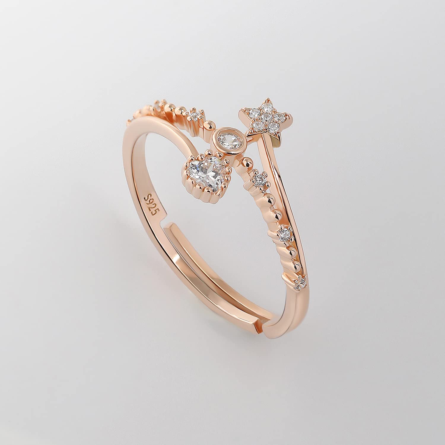 Meissa Sterling Silver Rings for Women - Heart & Star Stackable Rings, Minimalist Gold & Diamond Jewelry, Adjustable Size (Rose Gold) - Perfect for Gifts, Weddings & Everyday Wear