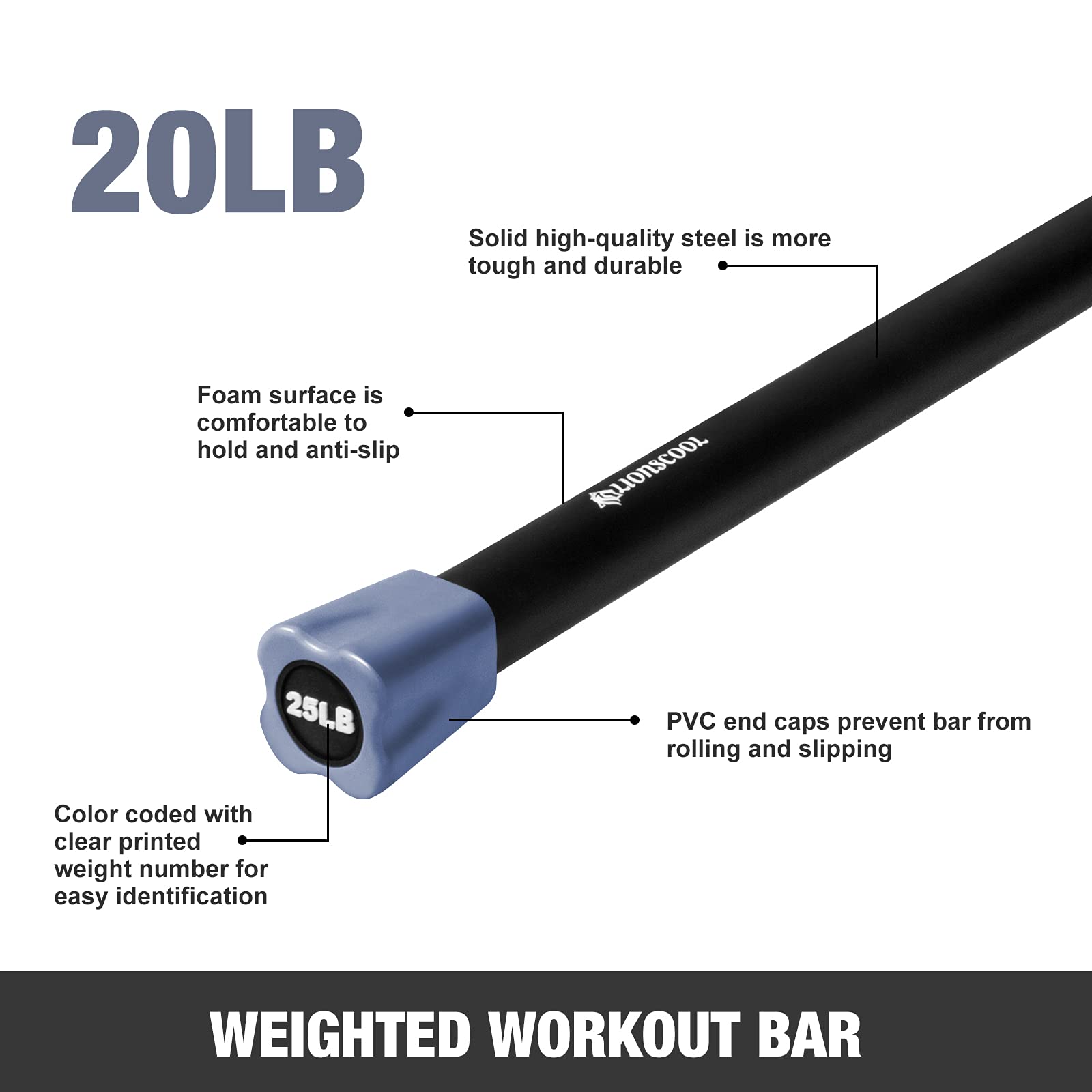 LIONSCOOL Weighted Workout Bar - Padded Exercise Weight Bar with Solid Steel Core for Strength Training, Body Sculpting & Physical Therapy | Perfect for Home Gym, Yoga, Pilates & Fitness Enthusiasts