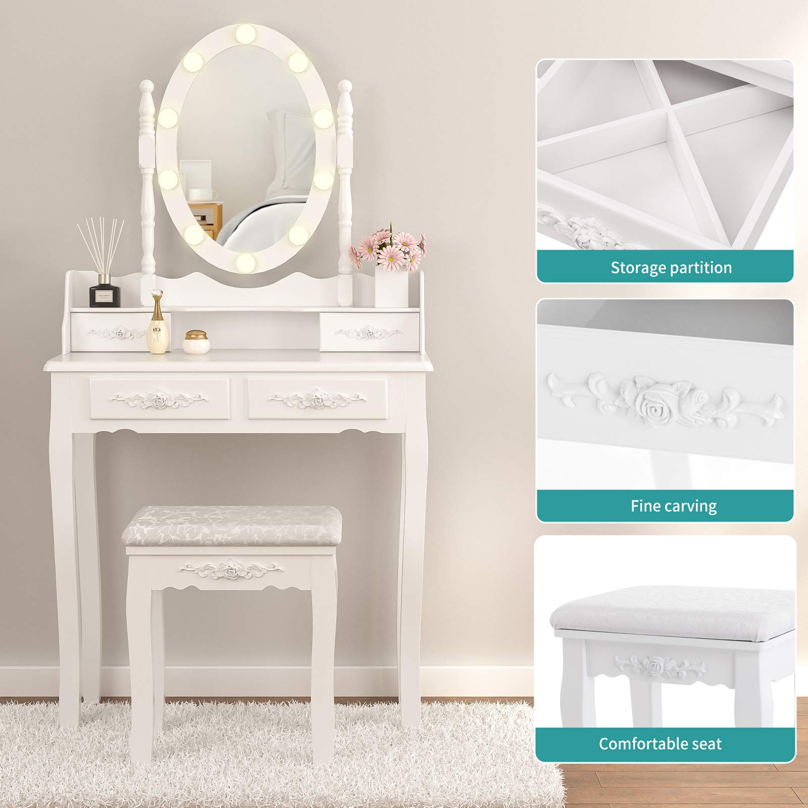White Makeup Vanity Table with 10 LED Lights & Oval Mirror - Wooden Dressing Table with 4 Drawers & Stool - Perfect for Girls & Women's Bedroom Furniture (White) - Ideal for Makeup Application, Skincare Routine & Home Decor