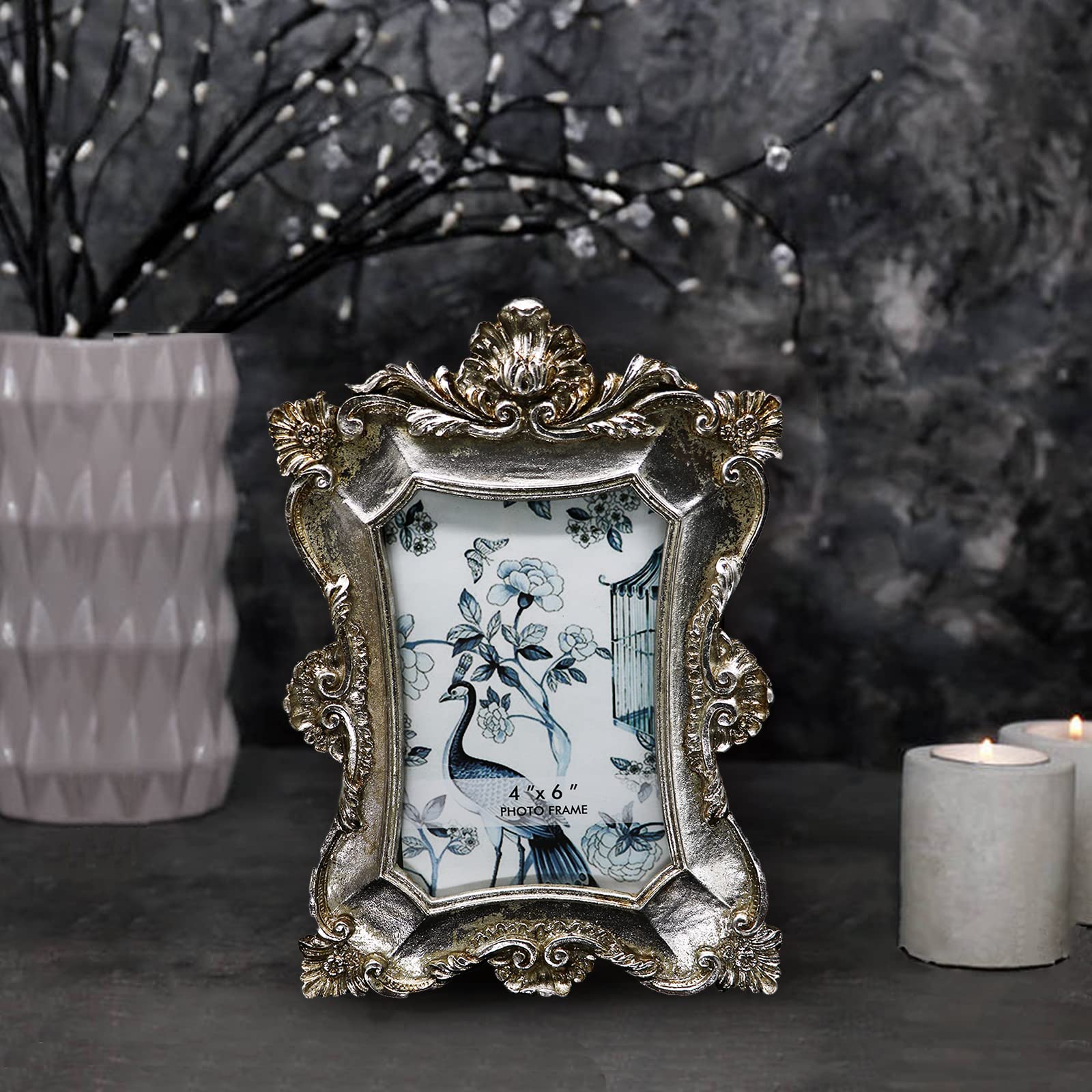 Vintage 4x6 Picture Frame - Silver Antique Photo Frame for Wall & Tabletop Display