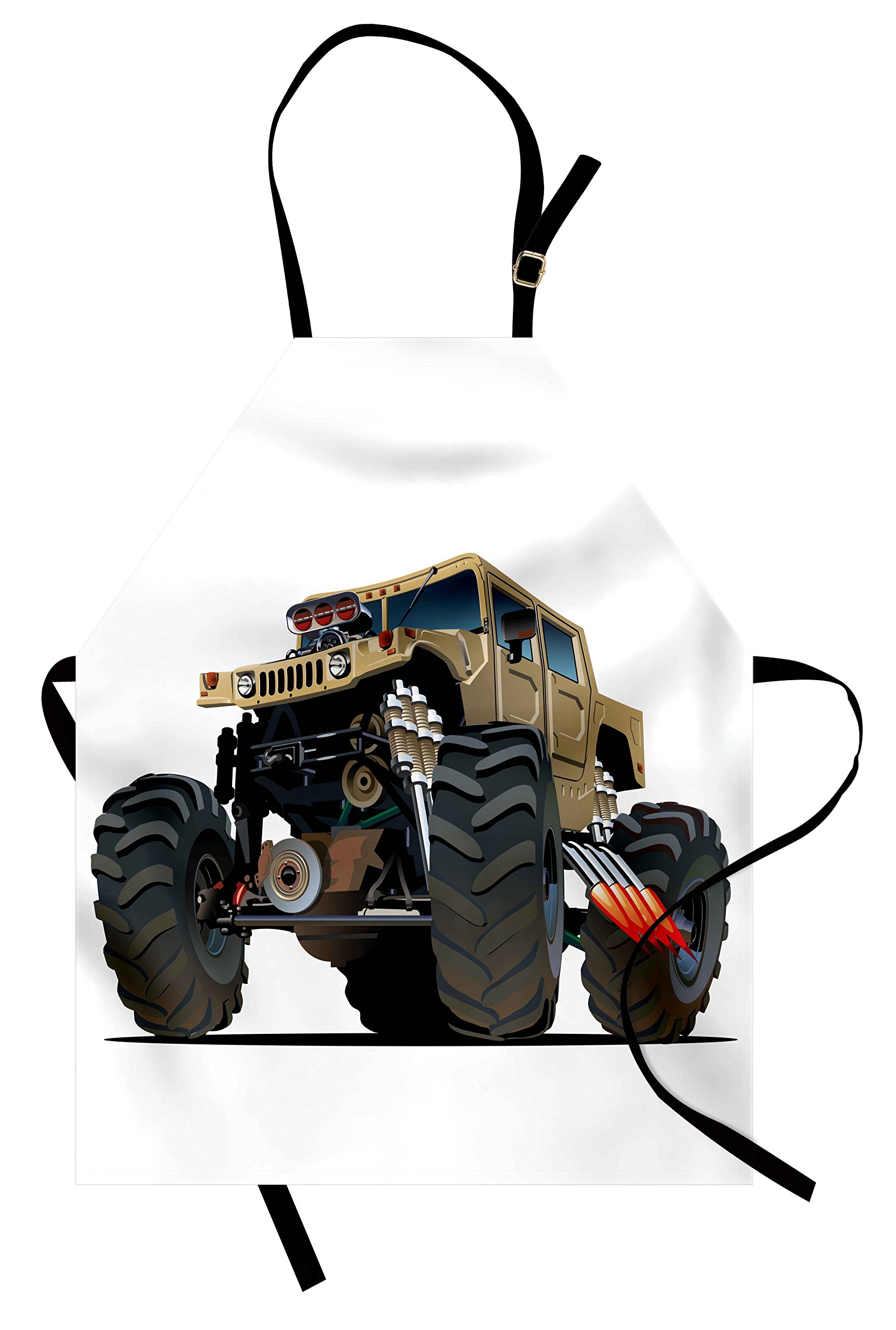 Ambesonne Cars Apron - Extra Large Monster Pickup Truck with Oversized Tires Racing Design - Adjustable Unisex Kitchen Bib for Cooking, Baking, Grilling & Gardening - Perfect for BBQ Parties, Outdoor Cooking & Home Kitchen Use