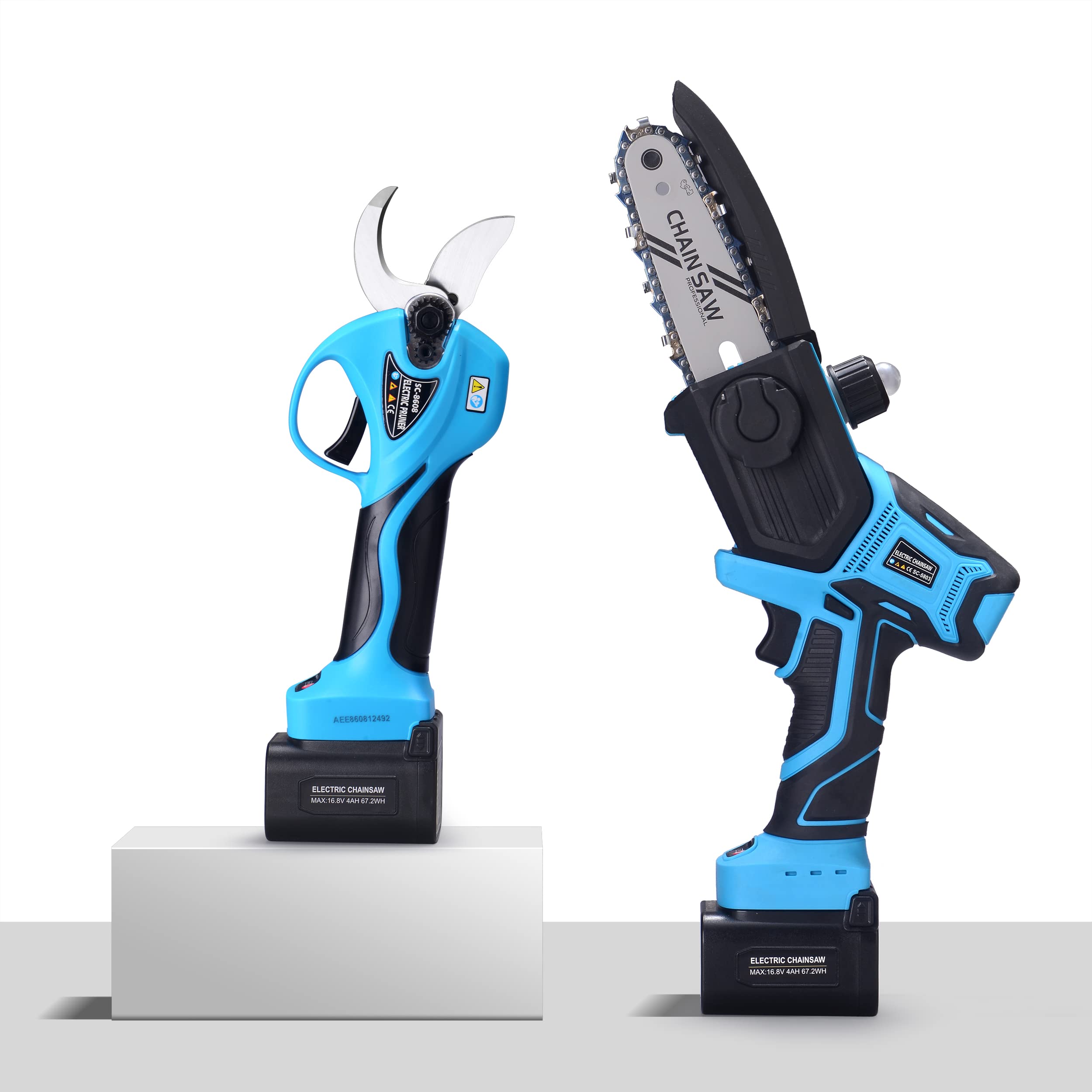 SUCA 20V Electric Pruning Shears - Cordless Tree Branch Cutter with 2x 2Ah Lithium Batteries (4-7 Hours Runtime) - Professional Gardening Tool for Trimming, Pruning & Landscaping - Ideal for Fruit Trees, Shrubs & Vineyards (Blue 28mm + Chainsaw Attachment)