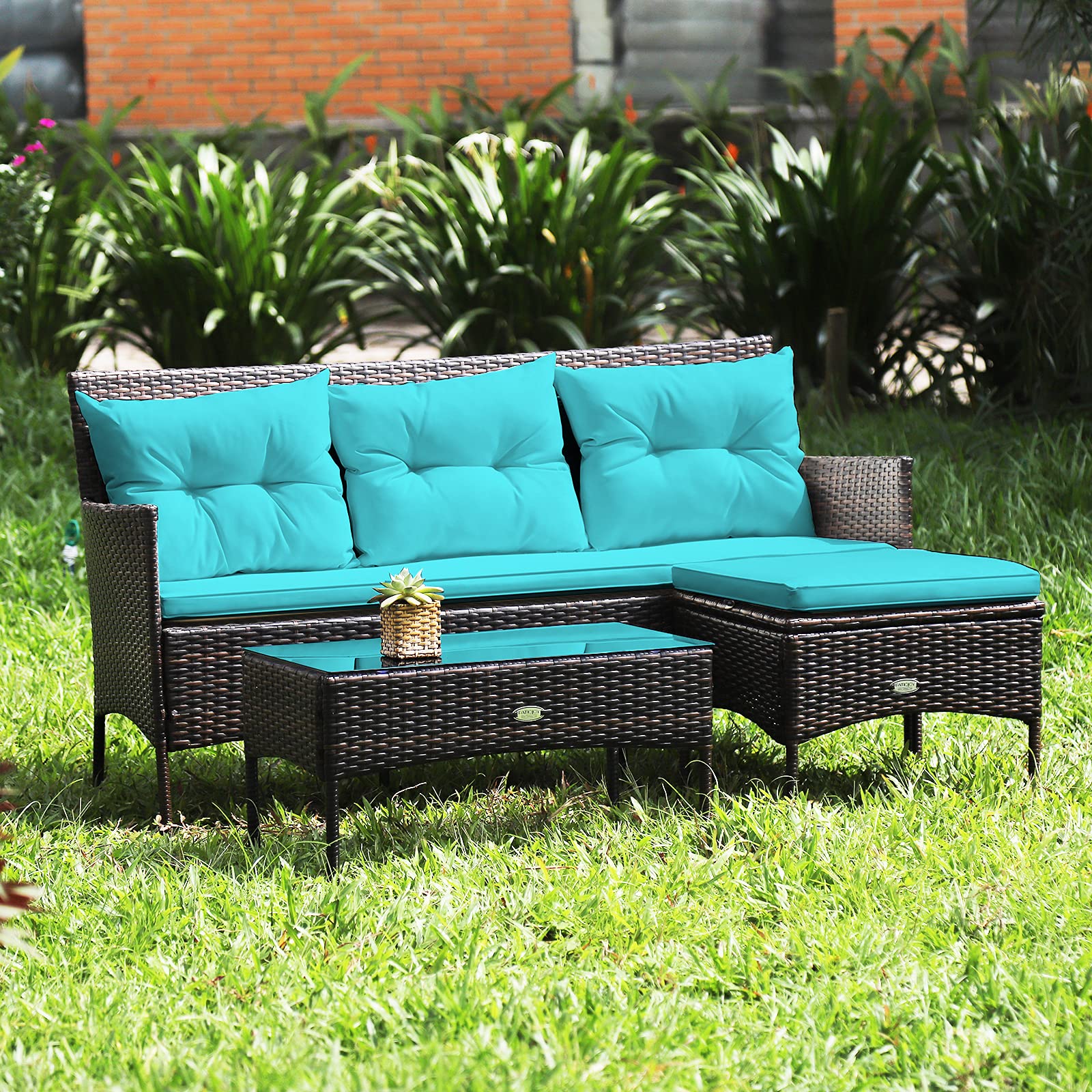 Outdoor Rattan Conversation Set - 3 Piece Patio Furniture with Tempered Glass Coffee Table, 5 Elastic Seat & Back Cushions, Sectional Sofa for Poolside, Balcony, Backyard | Perfect for Relaxing, Entertaining & Outdoor Gatherings