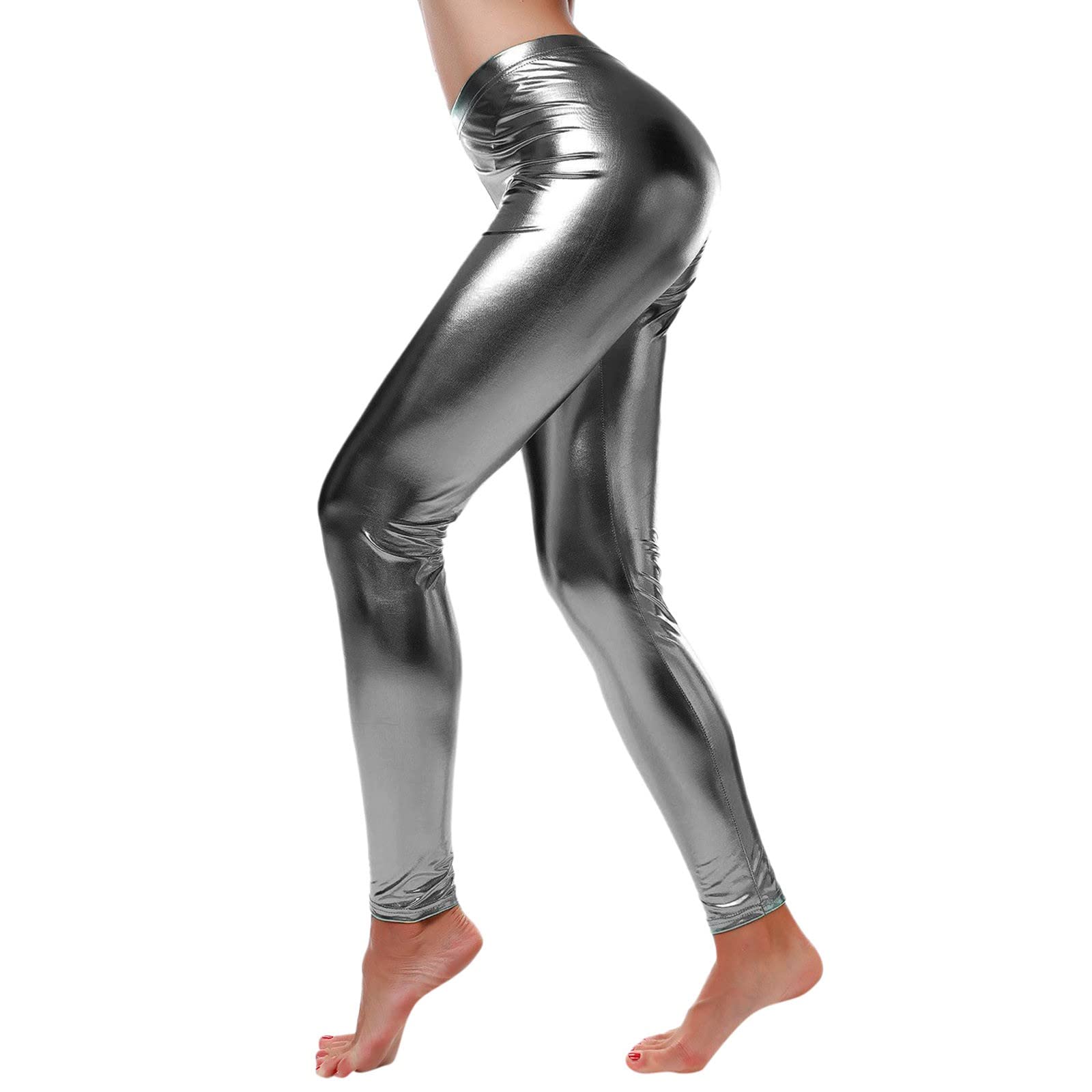 Metallic Waist Women's Faux Leather Leggings - High Shine Wet Look Yoga Pants for Workout, Night Out & Everyday Wear