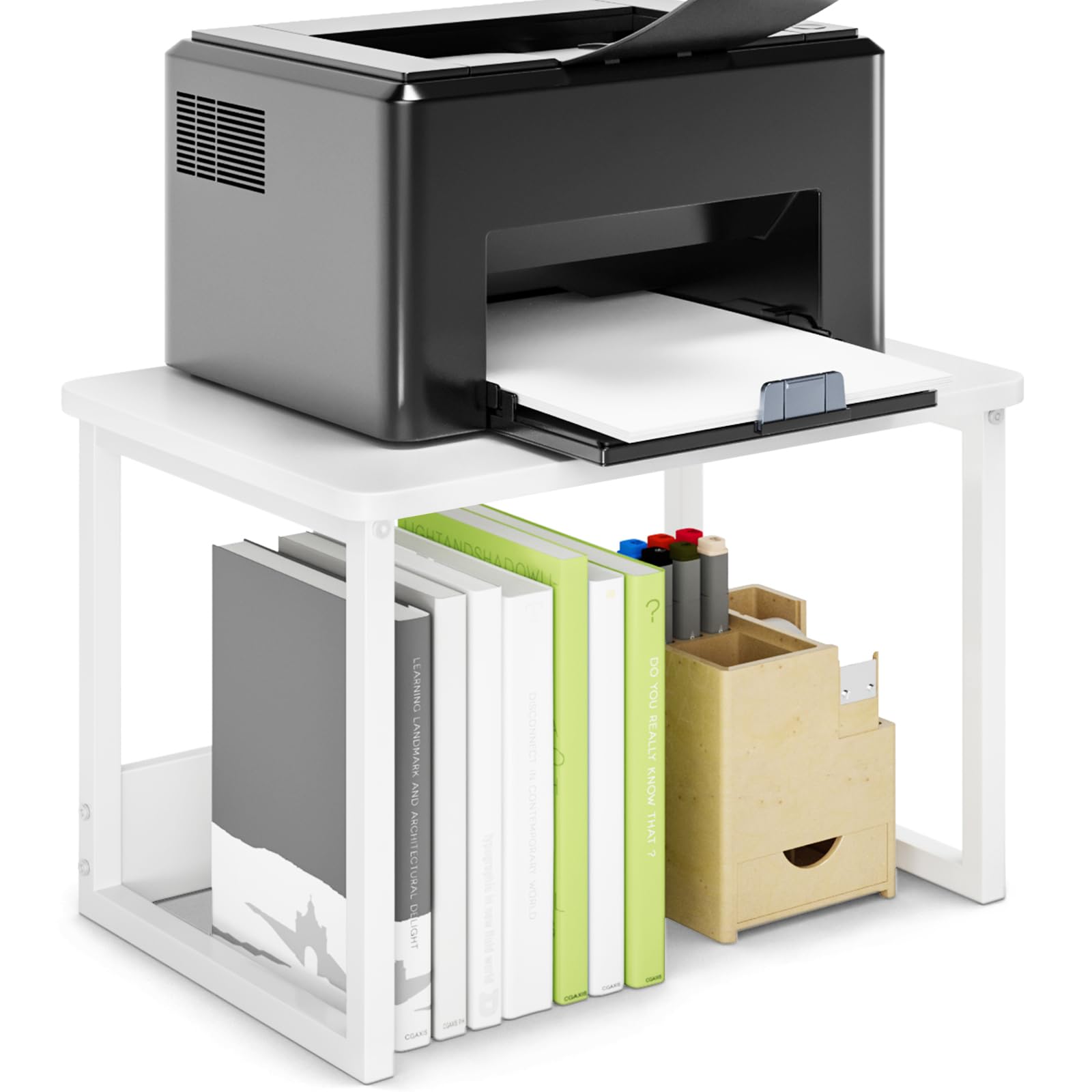 Heavy Duty White Printer Stand with Storage Shelf - Under Desk Organizer for Home & Office - Compatible with Fax Machine, Copier, Scanner - Perfect Workspace Solution for Small Spaces & Clutter-Free Desks