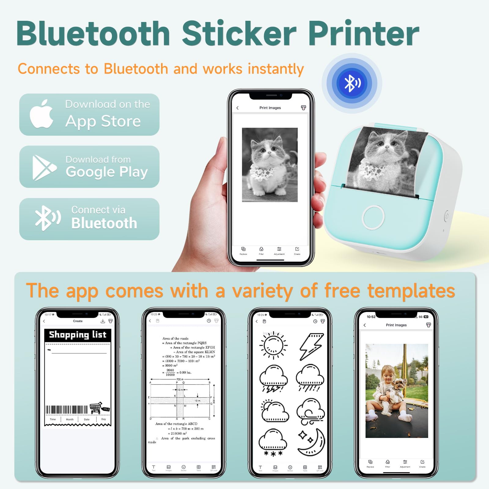 Odaro T02 Mini Thermal Sticker Printer - Portable Bluetooth Sticker Maker with 1 Roll Sticker Paper - Perfect for School Notes, Journals, Coloring Pictures & DIY Crafts - Green (Ideal for Home, Office & Classroom Use)