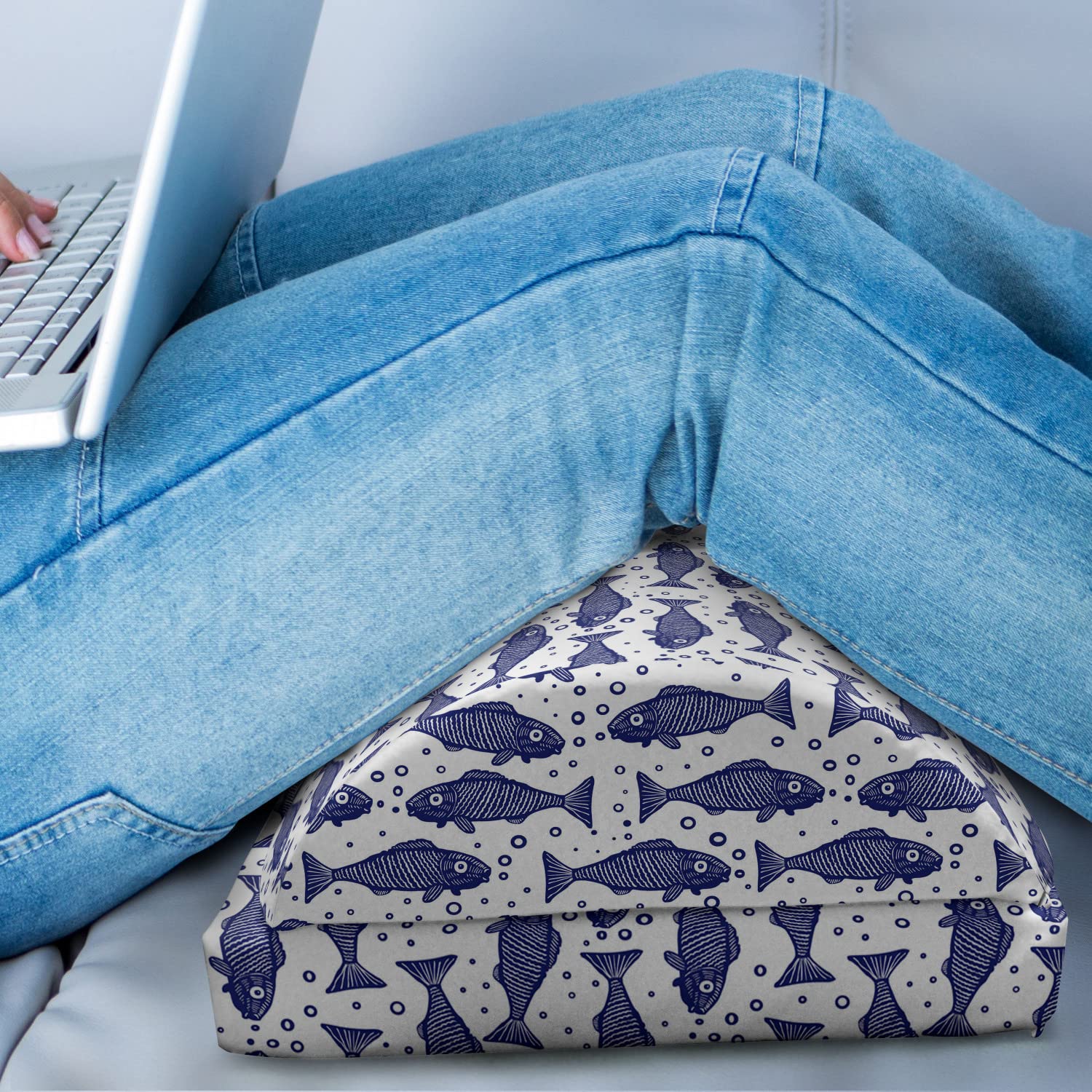 Ambesonne Nautical Memory Foam Foot Rest - Adjustable Ergonomic Leg Support with Non-Slip Backing, Monochrome Hand-Drawn Fish Pattern in Violet Blue & White - Perfect for Office, Home & Gaming Chairs