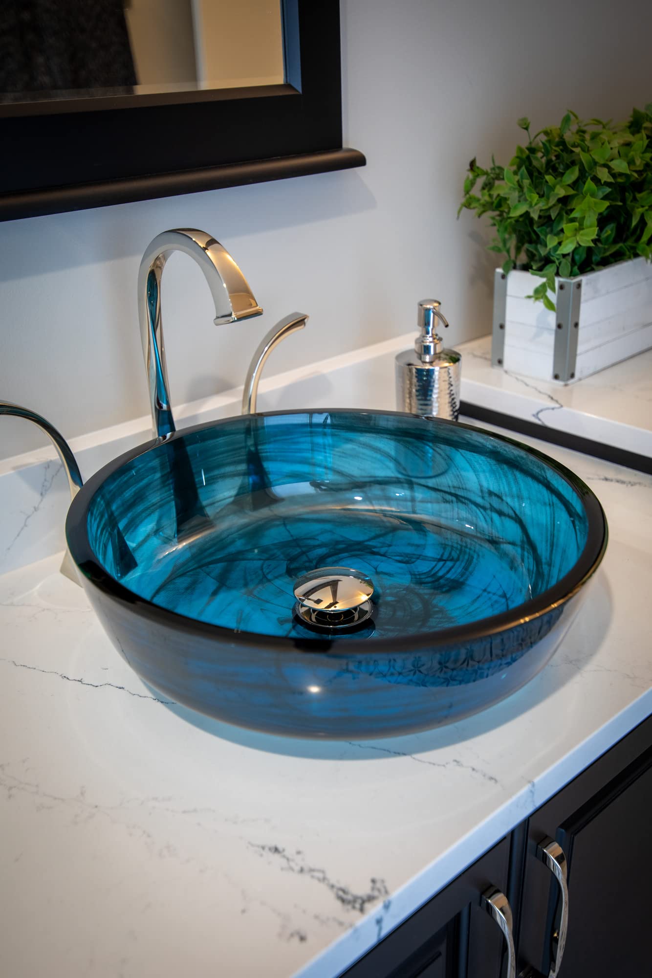 Transparent Dark Blue Mist Flat Bottom Glass Vessel Sink - Modern Bathroom Vanity Sink for Contemporary Home Decor
