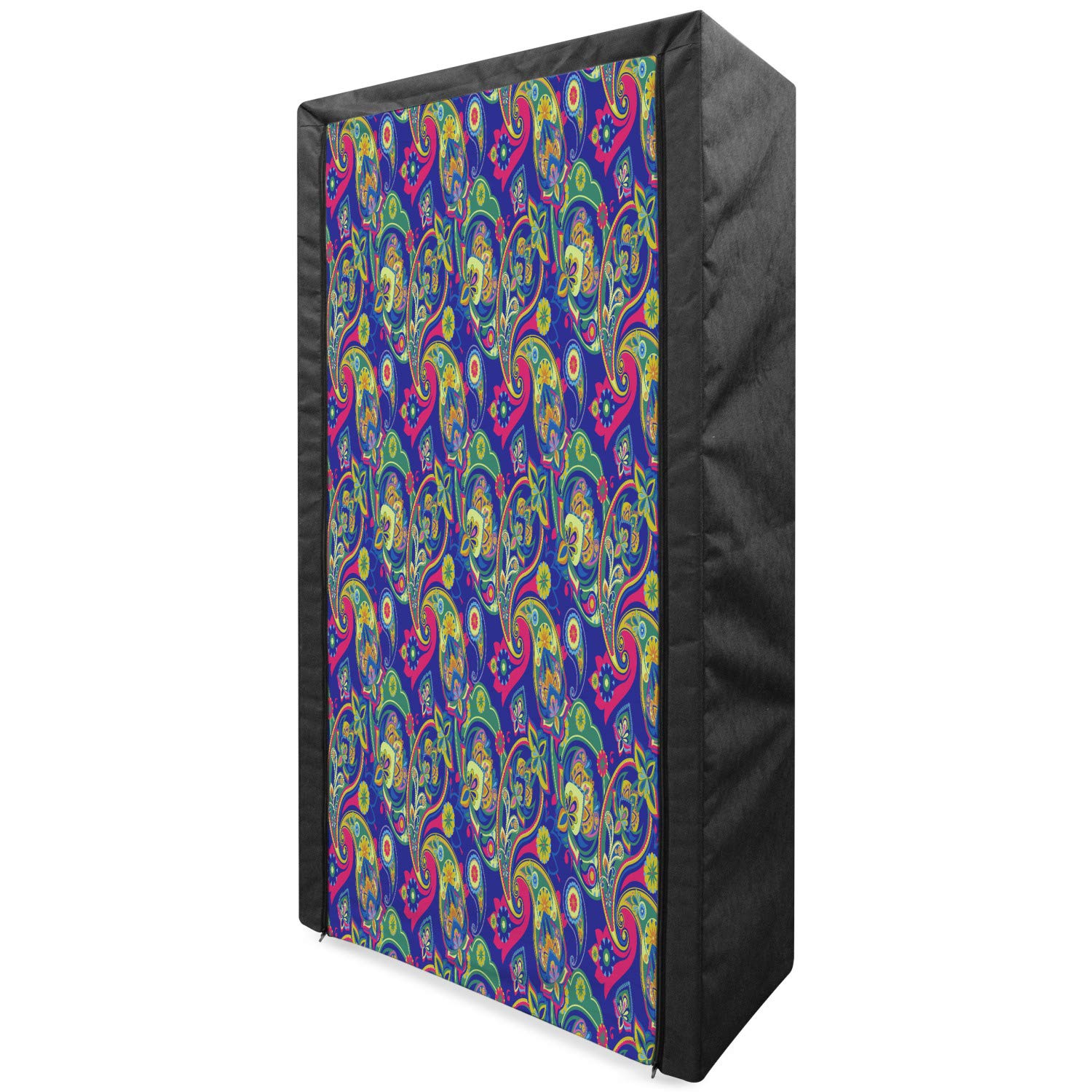 Ambesonne Portable Fabric Wardrobe with Shelves - Classic Persian Jacquard Boteh Ikat Motifs - 33.5 Inch Clothing Organizer & Storage Closet in Indigo & Olive Green - Perfect for Bedroom, Closet, Dorm, or Small Space Organization