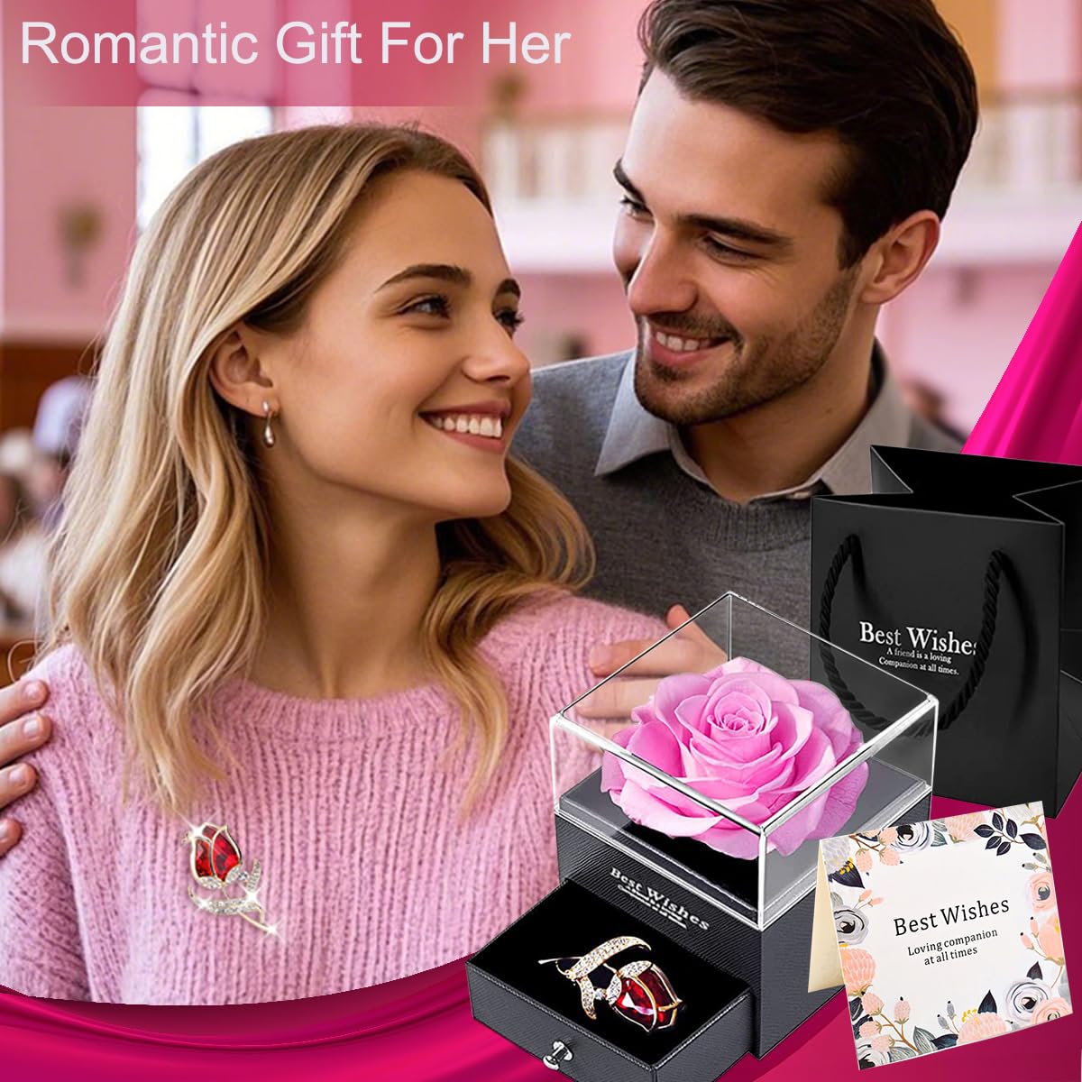Enchanted Real Rose Jewelry Gift Box with Ruby Rose Brooch - Handmade Eternal Preserved Rose for Women, Wife, Girlfriend, Mom - Perfect for Valentine's Day, Anniversary, Birthday & Mother's Day Gifts - Romantic Keepsake for Special Occasions