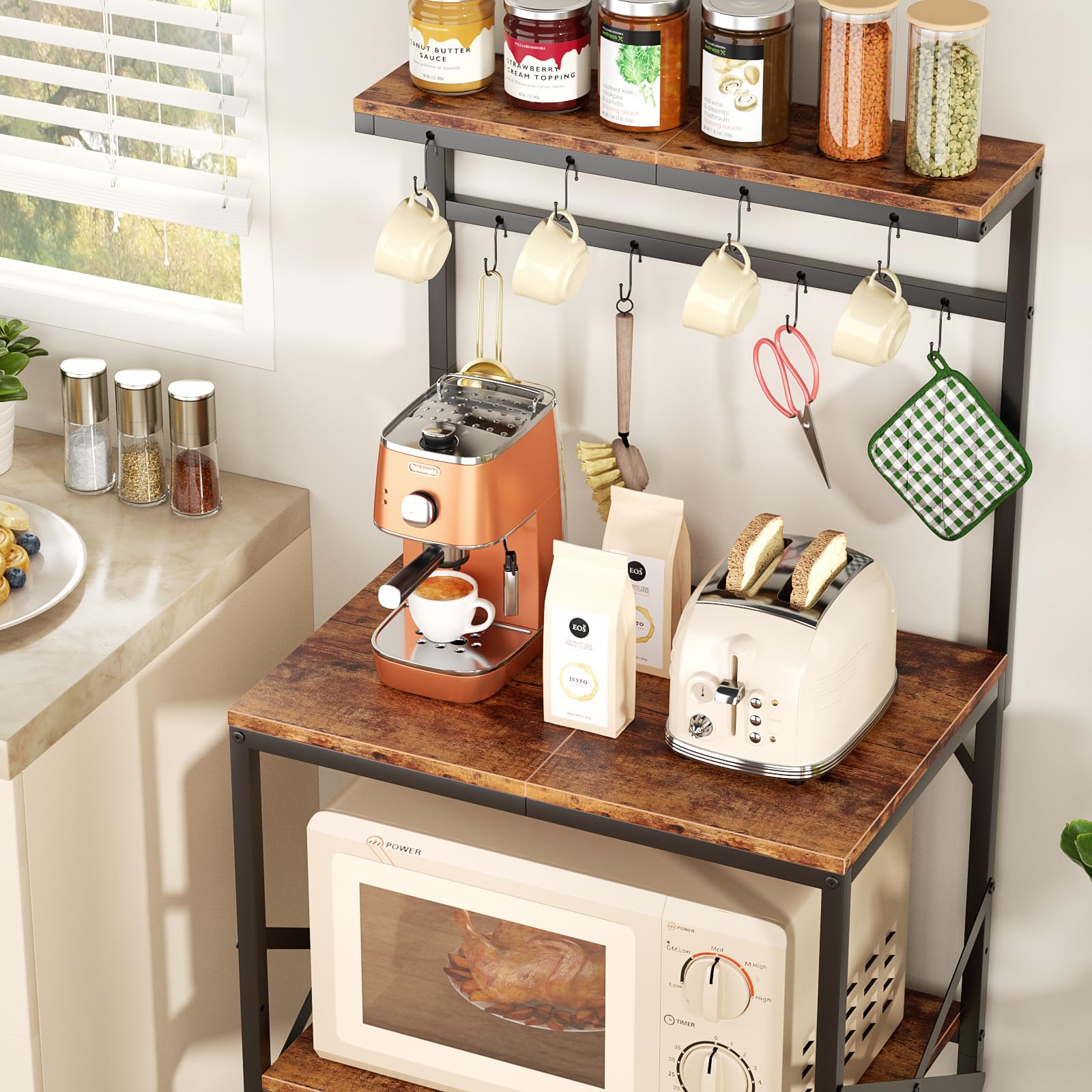 Rustic Brown 4-Tier Kitchen Bakers Rack with Adjustable Storage Shelves & 8 Hooks - Freestanding Microwave Stand, Coffee Bar Organizer - Perfect for Small Kitchens, Pantry Organization & Appliance Storage