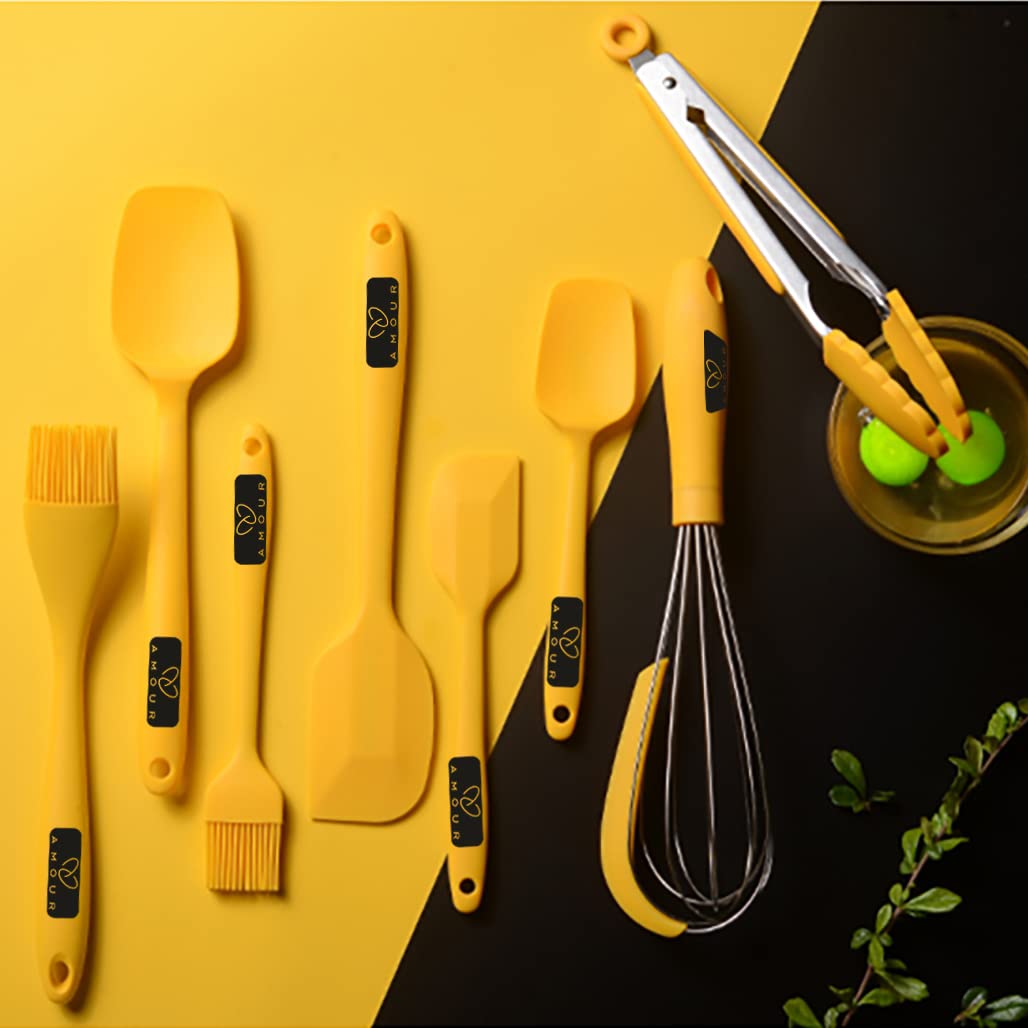 Heat Resistant & BPA Free Flexible Silicone Spatula Set - Mini Spatula, Pointed Spatula & Half Spreader for Baking, Cooking, Cake Decorating (Yellow, 9-Piece)