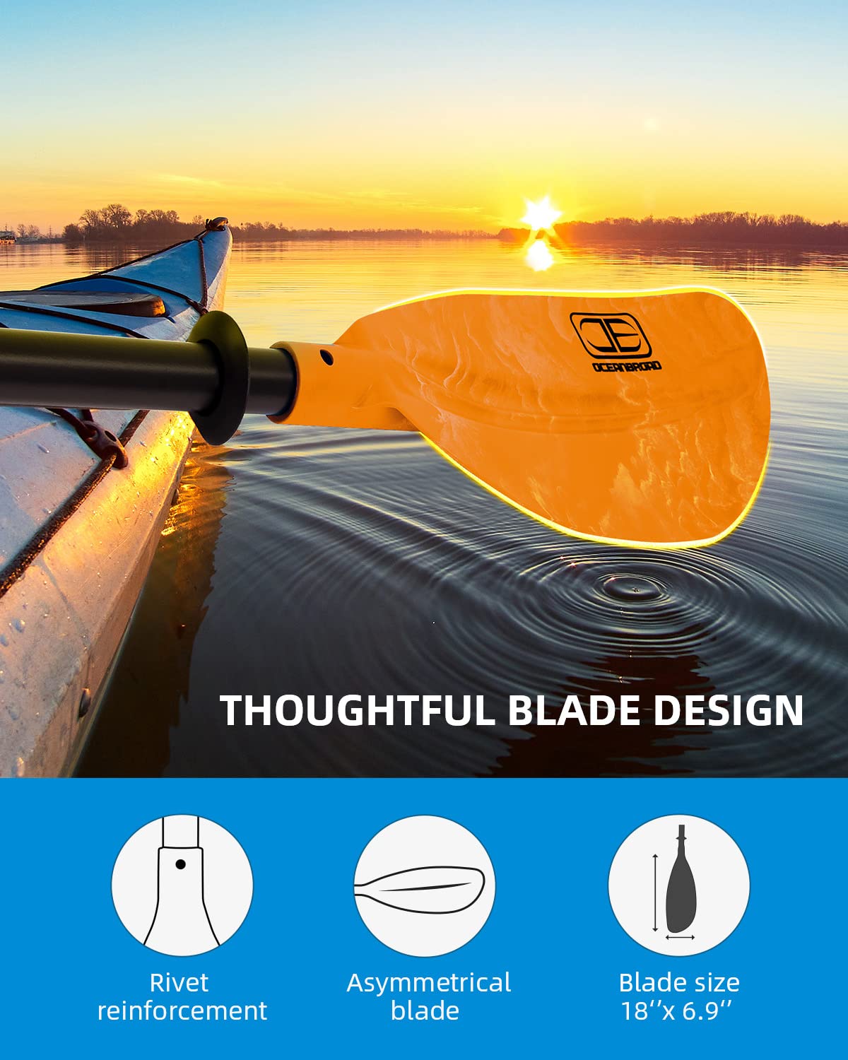 OCEANBROAD Adjustable Kayak Paddle 86-94 inches (220-240cm) - Lightweight Aluminum Shaft with Ergonomic Grip & Paddle Leash - Perfect for Kayaking, Canoeing & Boating Adventures on Lakes, Rivers & Coastal Waters