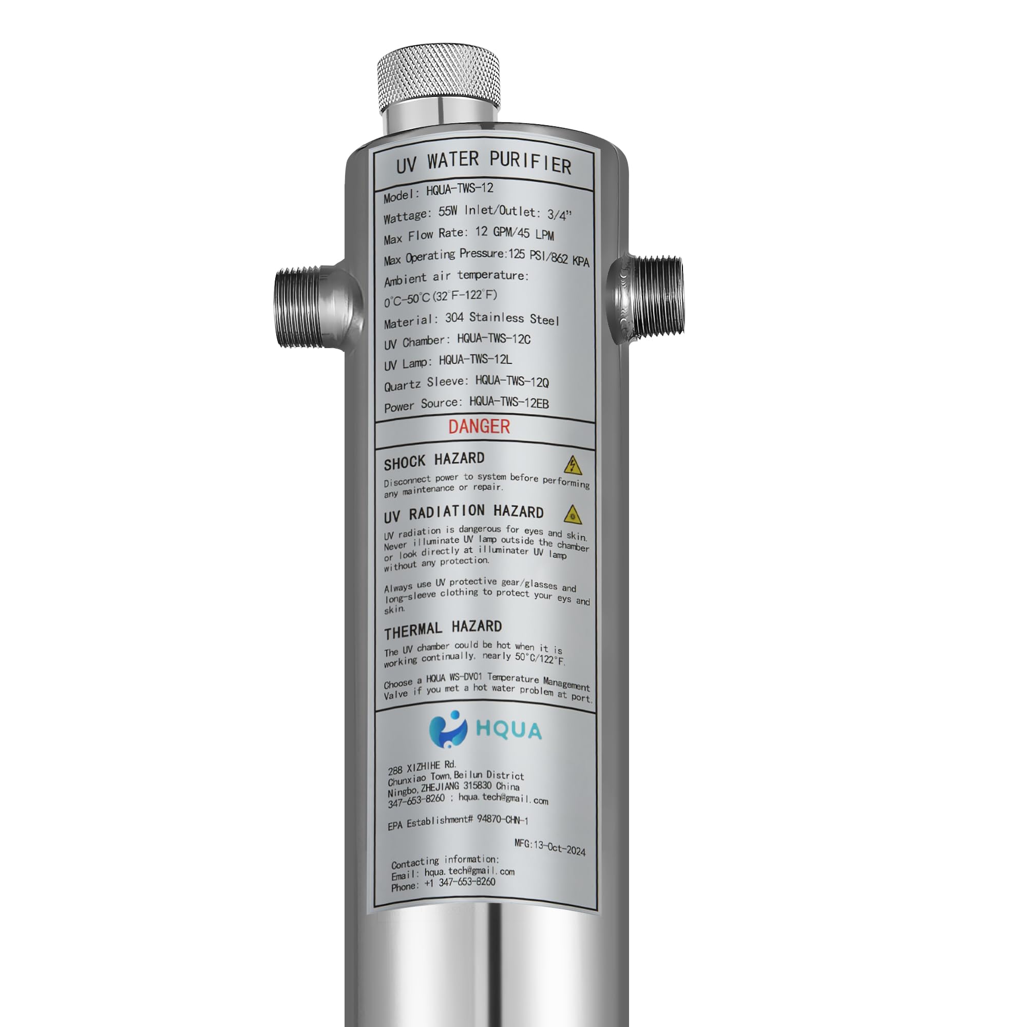 HQUA-TWS-12 Whole House UV Water Purifier System - 12GPM Ultraviolet Water Filter with Extra UV Lamp & Quartz Sleeve (120V) - Eliminates Bacteria & Viruses for Clean, Safe Drinking Water - Ideal for Homes, Farms, and Off-Grid Living