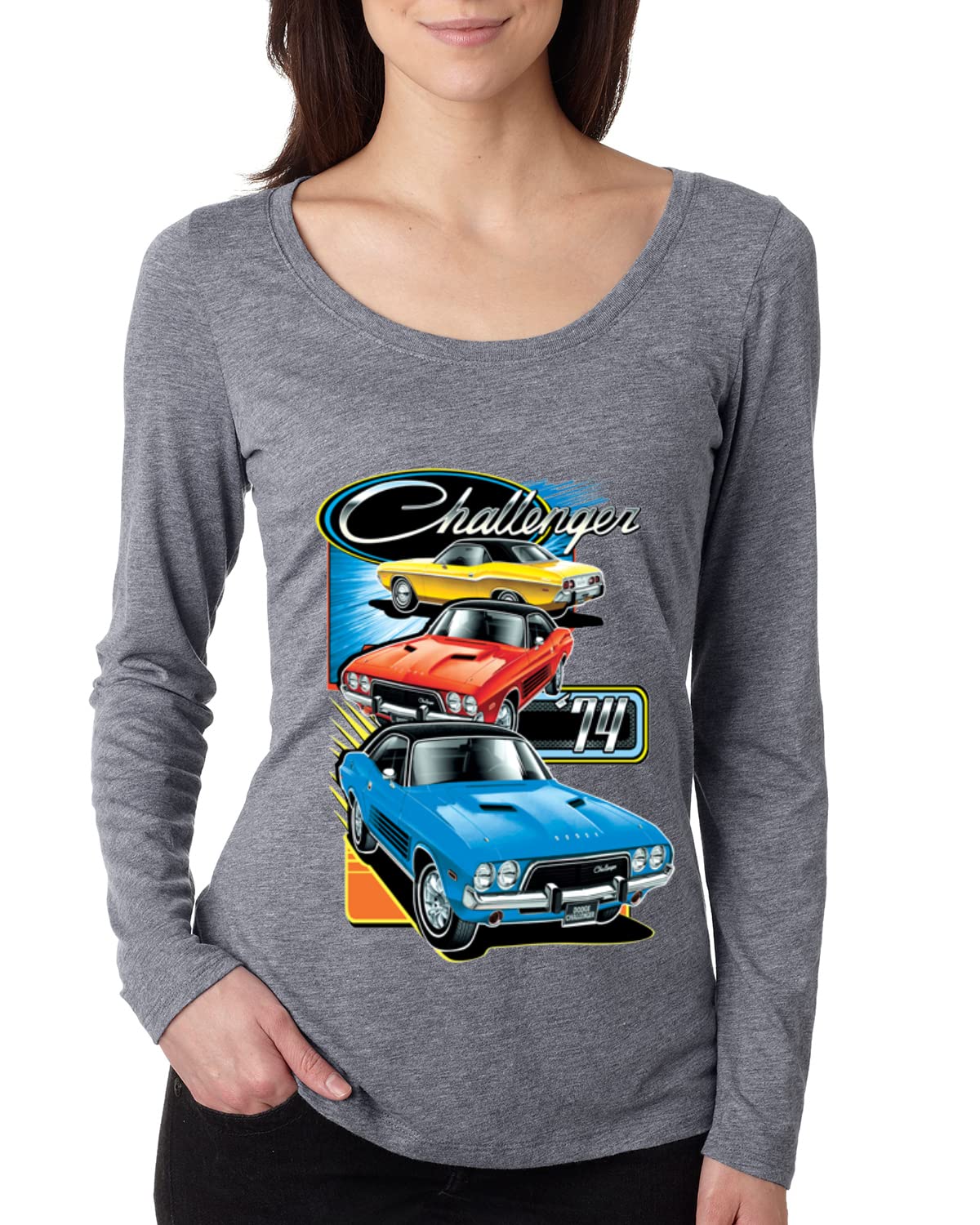 Vintage Dodge Challenger Retro 74 Car Print Women's Long Sleeve Scoop Neck T-Shirt - Casual Outfit, Car Enthusiast Gift, Automotive Fashion