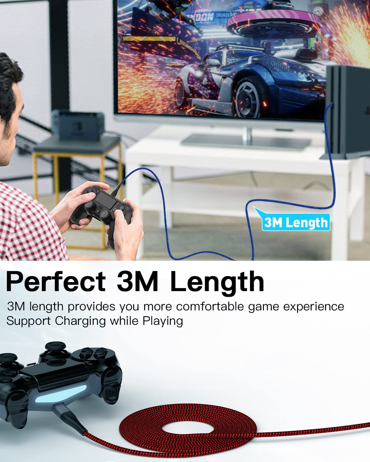 HUNYYN 2-Pack PS4 Controller Charger Cable - Extra Long 3M Micro USB Charging Cord for PlayStation 4, DualShock 4, PS4 Slim, PS4 Pro & Micro USB Devices - Perfect for Gaming, Home Entertainment & Office Use