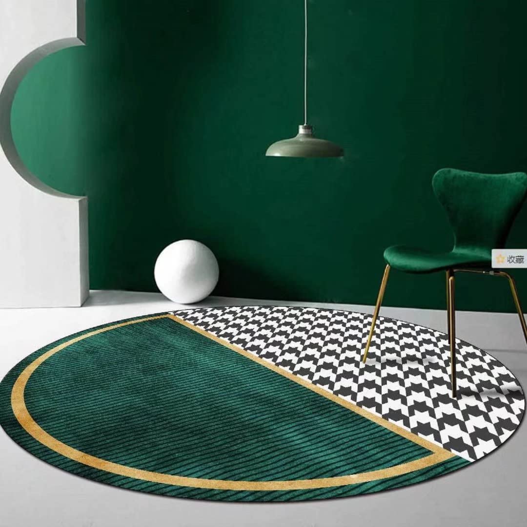 Emerald Green Modern Round Area Rug - Non-Skid Washable Houndstooth Print Carpet for Living Room, Bedroom, Balcony - 5 ft Diameter Soft Floor Mat for Home Decor & Cozy Spaces
