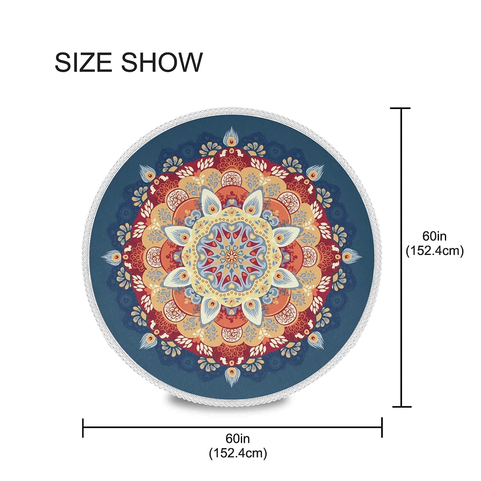 ALAZA Blue Boho Mandala Round Tablecloth 60 Inch - Waterproof Oilcloth Picnic Table Cover with Floral Lace Trim for Dining, Kitchen, Outdoor, Party & Wedding Decor