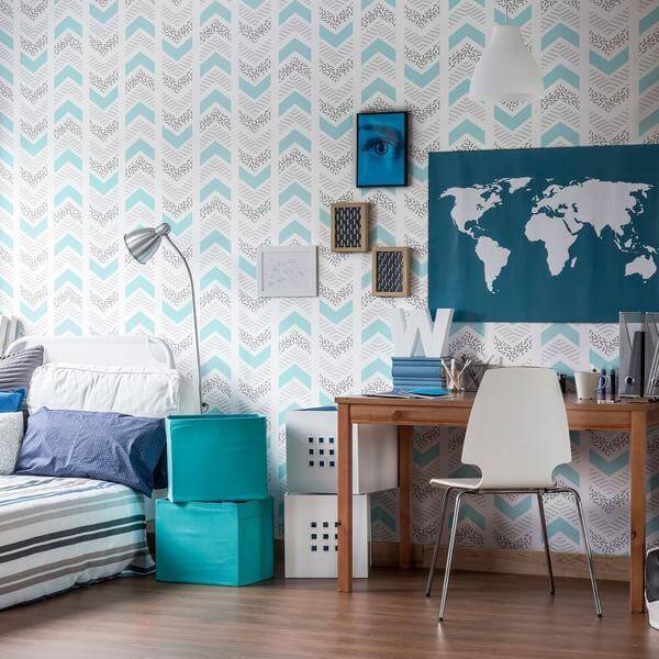 Silver and Blue Chevron Geometric Peel and Stick Removable Wallpaper - Self-Adhesive Decorative Wall Covering for Bedroom, Living Room, Nursery & Office Decor