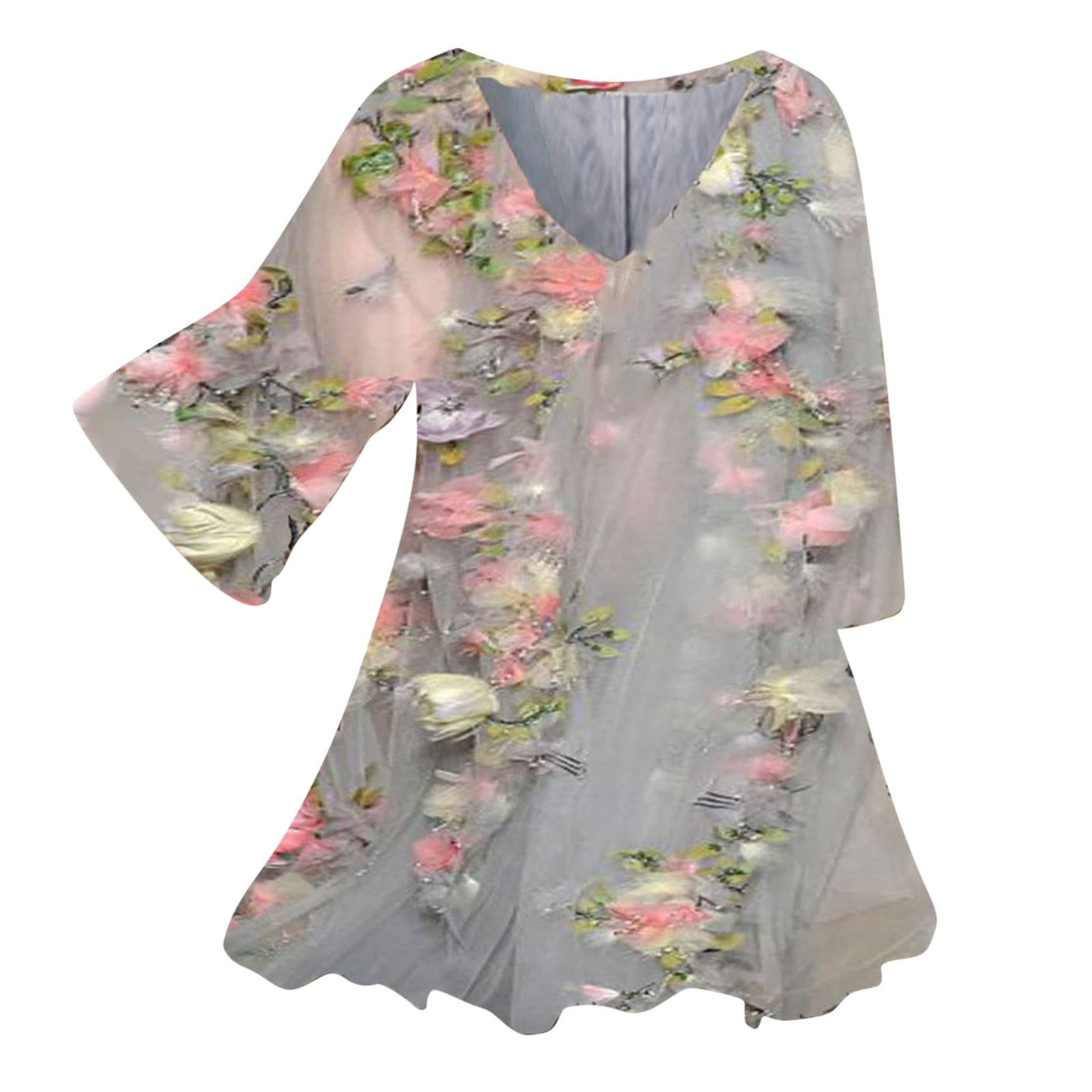 Women's Floral Graphic V-Neck Short Sleeve Tunic T-Shirt - Loose Fit Oversized Summer Top - Trendy Pullover Blouse for Casual Wear, Beach Outings & Vacation Style
