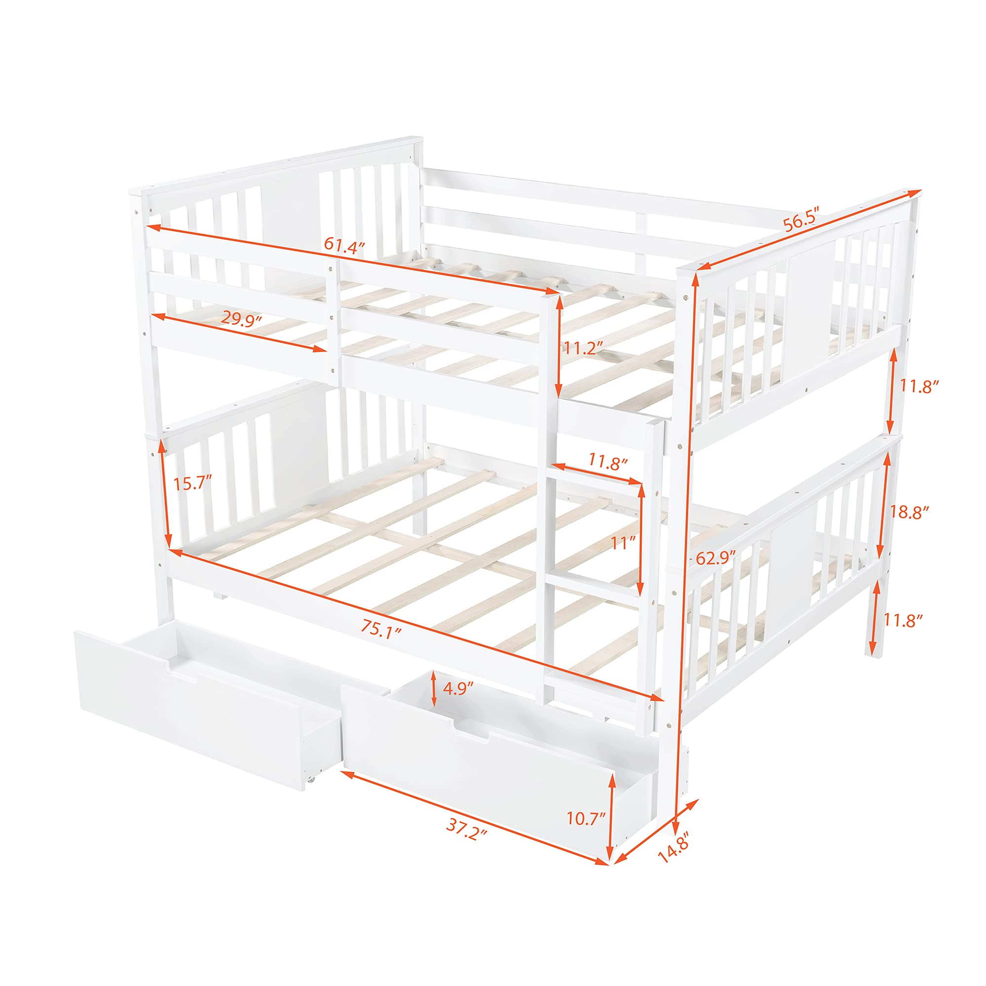 Harper & Bright Designs Full Over Full Bunk Bed with Drawers - Solid Wood Bunk Bed Frame with Ladder & 2 Storage Drawers, White - Perfect for Kids' Bedroom, Guest Room & Space-Saving Solutions